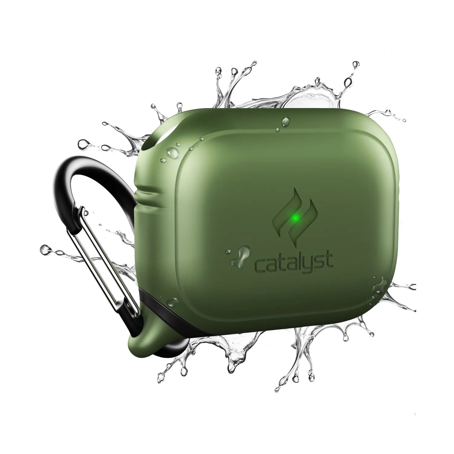 The Catalyst Case US AirPods Pro (Gen 2/1) Waterproof Case + Carabiner in Army Green is shown mid-splash with water droplets, emphasizing its rugged, water-resistant build and rounded edges. A small green indicator light appears on the front.