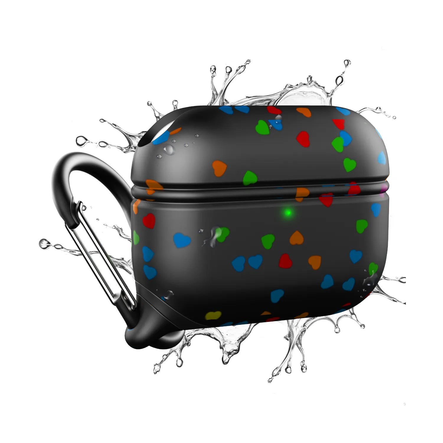 The Catalyst Case US AirPods Pro (Gen 2/1) Waterproof Case + Carabiner features a black design with colorful hearts, water-resistant protection, and a glowing green LED on the front.