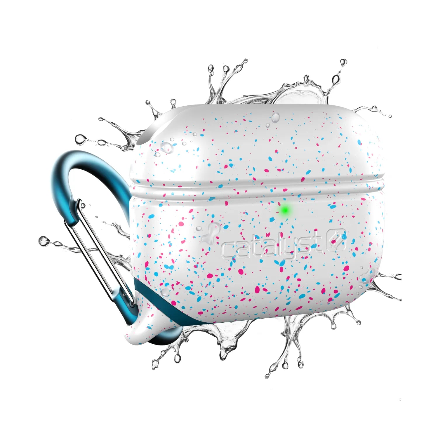 The Catalyst Case US AirPods Pro (Gen 2/1) Waterproof Case + Carabiner in Funfetti features blue and pink splatters, a teal carabiner, and "Catalyst" embossed on the frontâ€â€Âshowcasing its durable, waterproof protection.