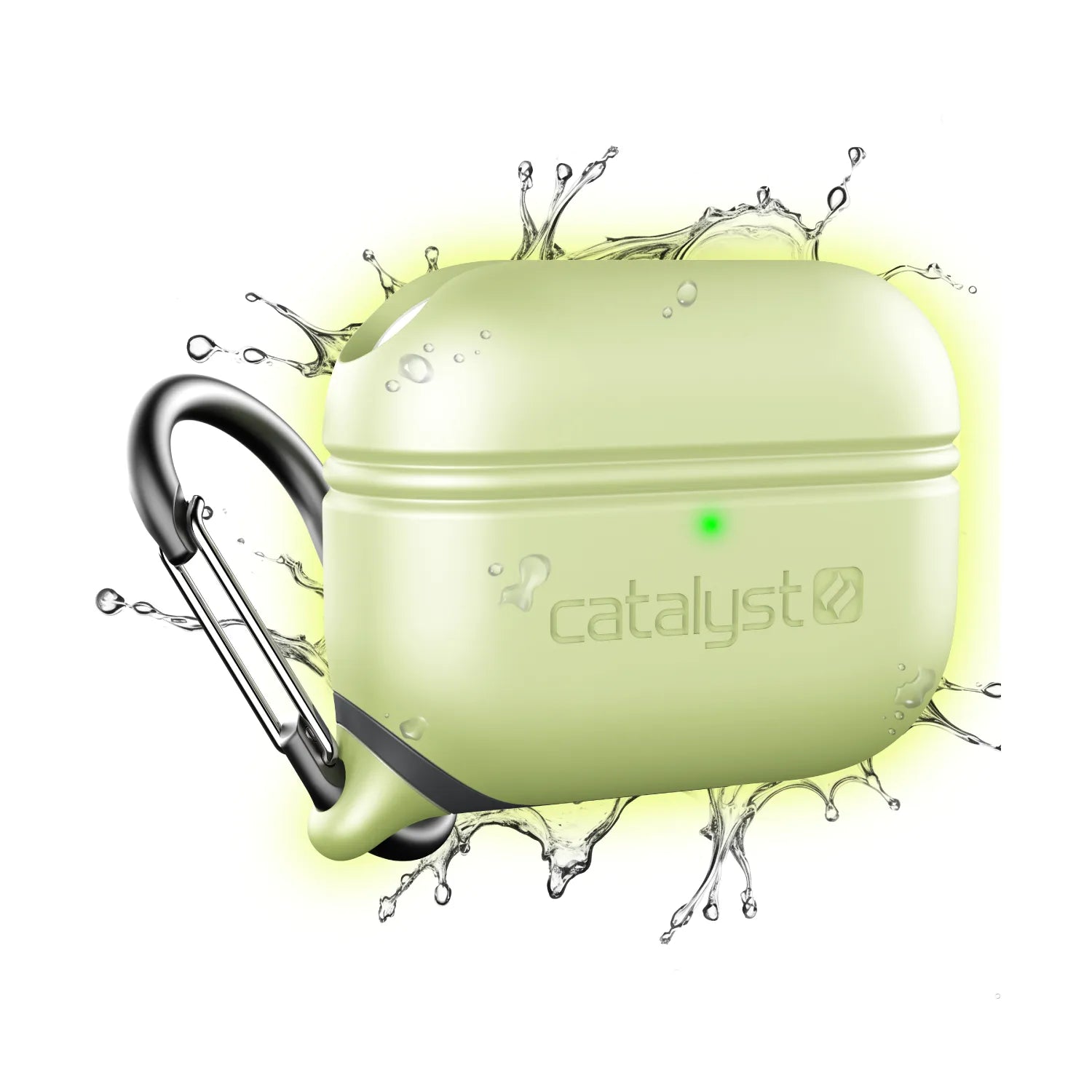 The Catalyst Case US AirPods Pro (Gen 2/1) Waterproof Case + Carabiner in Glow In The Dark is shown with water splashes highlighting its waterproof feature, while a green LED shines on the front of the case.