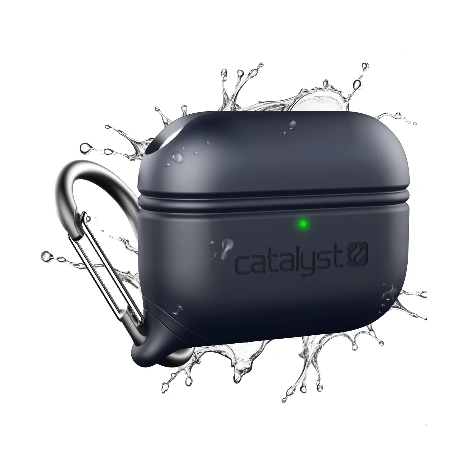 The Catalyst Case US Navy Waterproof Case + Carabiner for AirPods Pro (Gen 2/1) is displayed on a white background with water splashes, emphasizing its water-resistant design and green LED indicator.