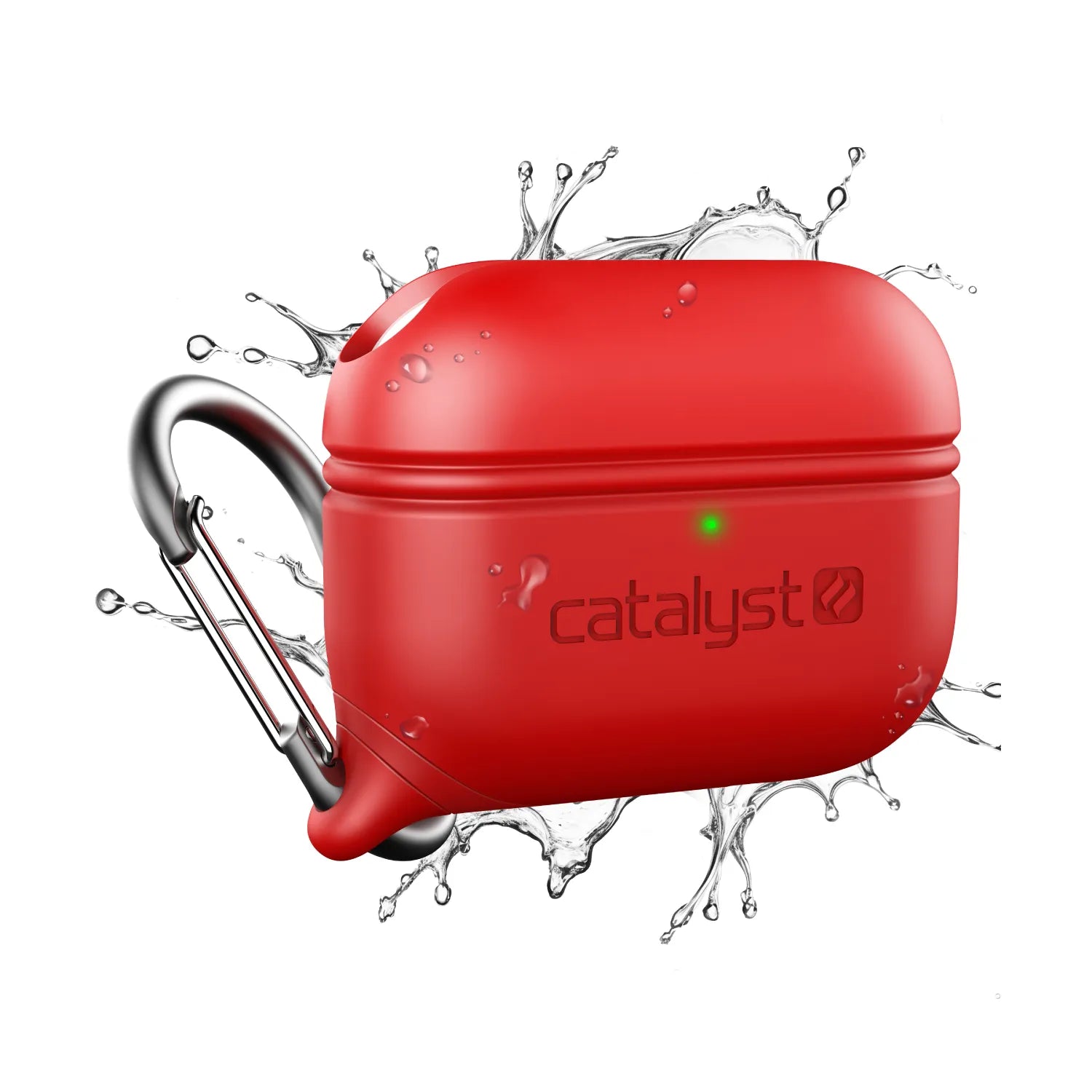 A red Catalyst Case US AirPods Pro (Gen 2/1) Waterproof Case + Carabiner is shown with water splashes on a white background, highlighting its rugged, waterproof design and small green indicator light. Catalyst logo is displayed on the front.