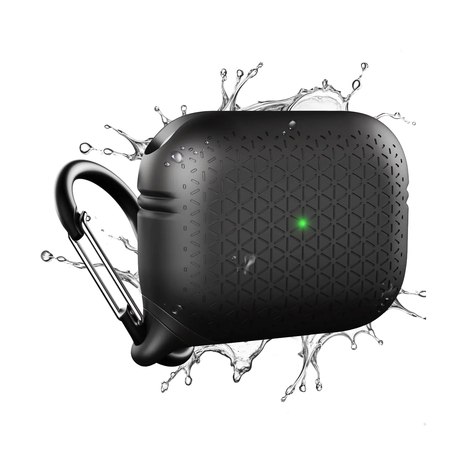 The Catalyst Case US AirPods Pro (Gen 2/1) - Waterproof Case + Carabiner in black textured is shown with water splashes, highlighting its water resistance. The front green LED indicates power or connectivity against a white background.
