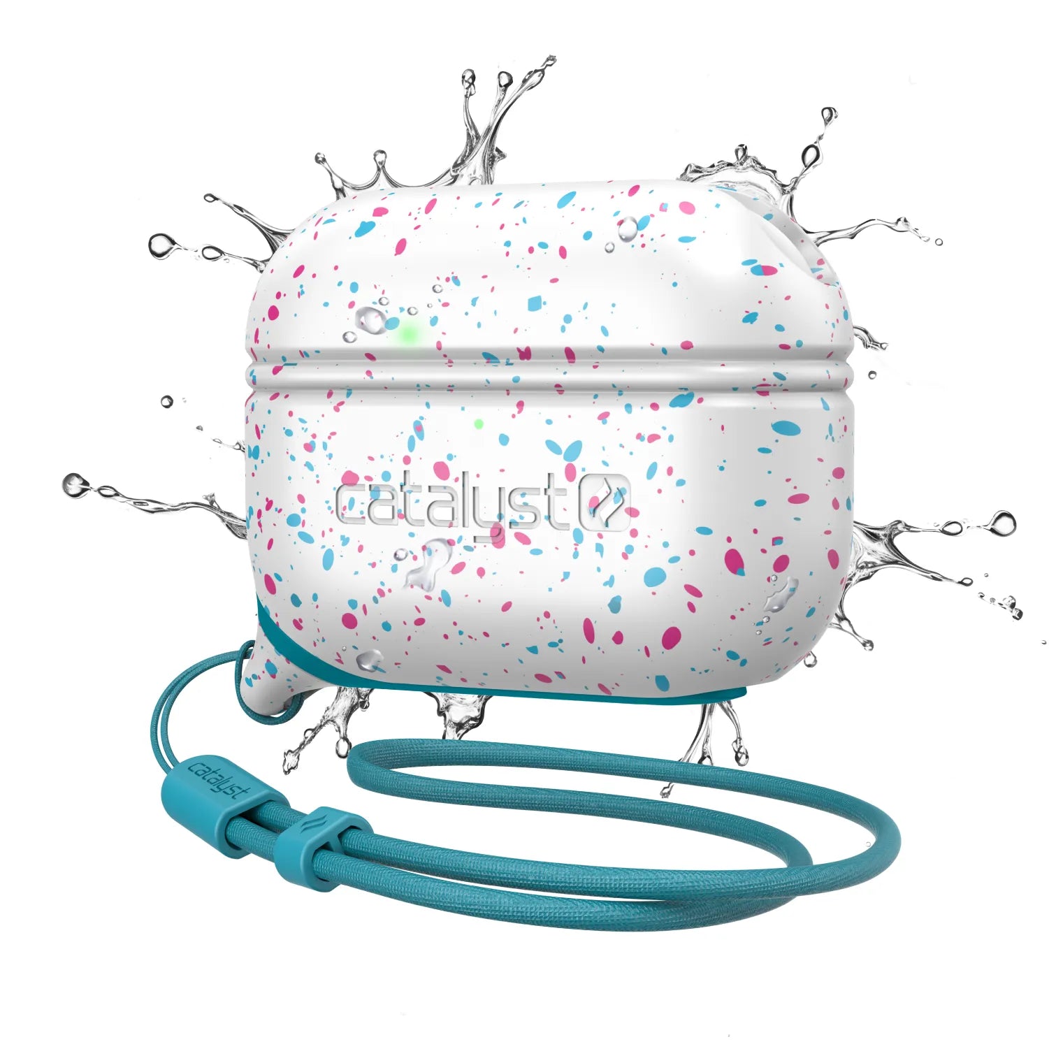The Catalyst Case US AirPods Pro (Gen 2/1) Waterproof Case + Lanyard in Funfetti is shown with water splashes, highlighting its waterproof feature. A teal blue lanyard is attached at the bottom, all set against a plain white background.