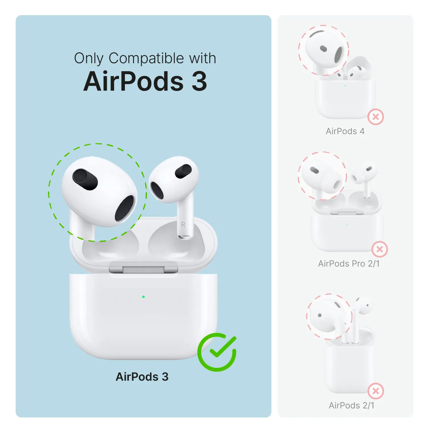 A white Catalyst Case US AirPods (Gen 3) - 330ft Waterproof Total Protection Case + Carabiner displays a green checkmark and "Only Compatible with AirPods 3." Images of other AirPods models have red X's to show incompatibility.