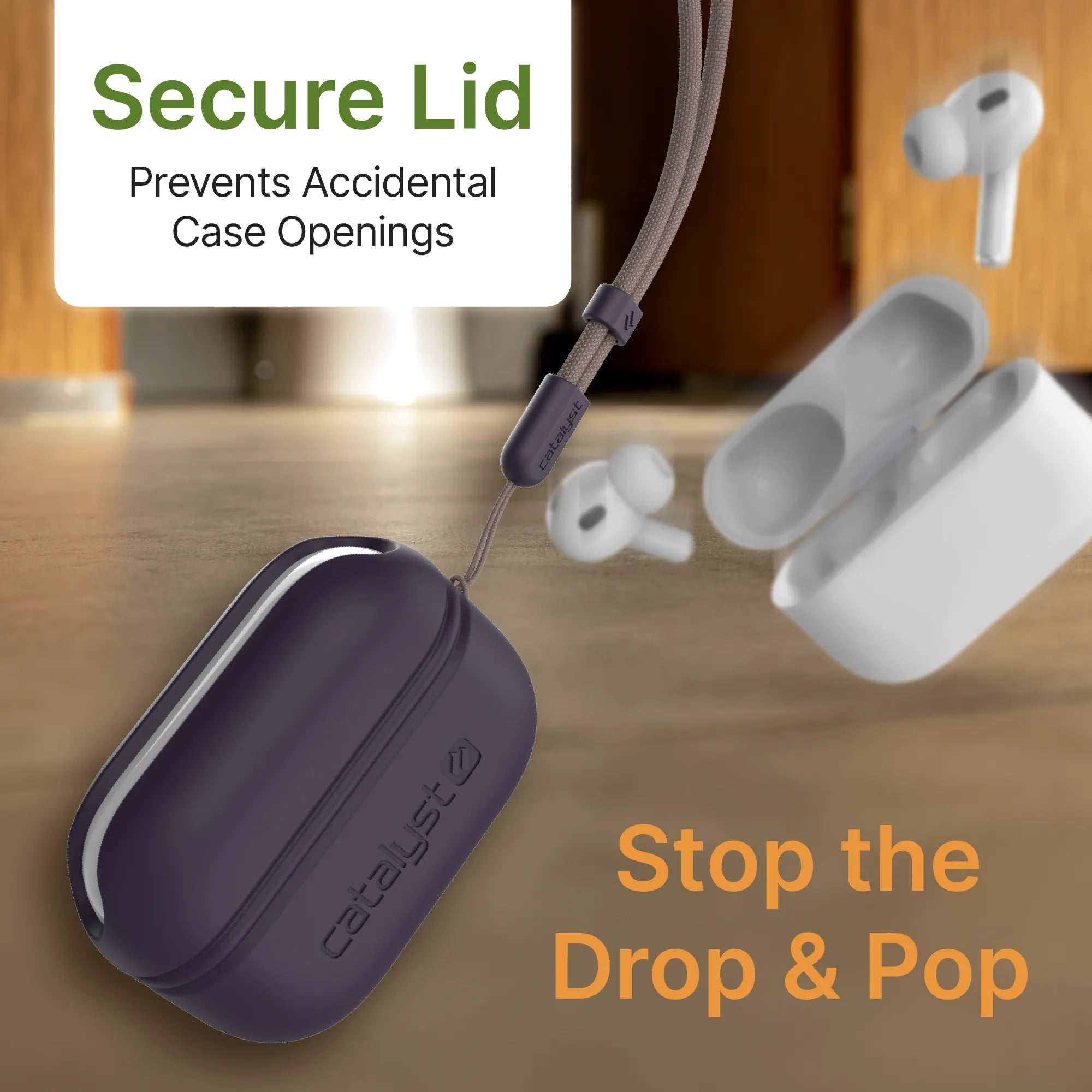 In focus, the Catalyst Case US AirPods Pro (Gen 2) Essential Case + Lanyard in dark gray keeps your case secure and prevents drops. Behind it, a blurred open white case spills earbuds—upgrade to stop accidental openings for good.