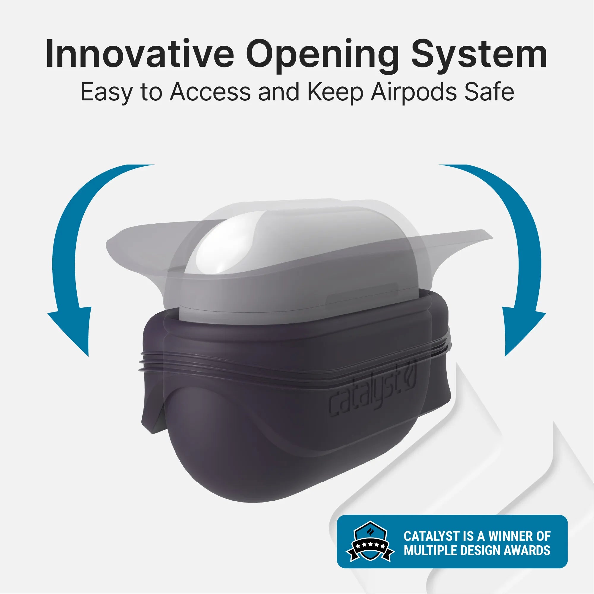 A black Catalyst Case US AirPods Pro (Gen 2) - Essential Case + Lanyard opens with blue arrows showing its unique access system. Text above says, “Easy to Access and Keep AirPods Safe,†with a badge for Catalyst’s award-winning, secure design.