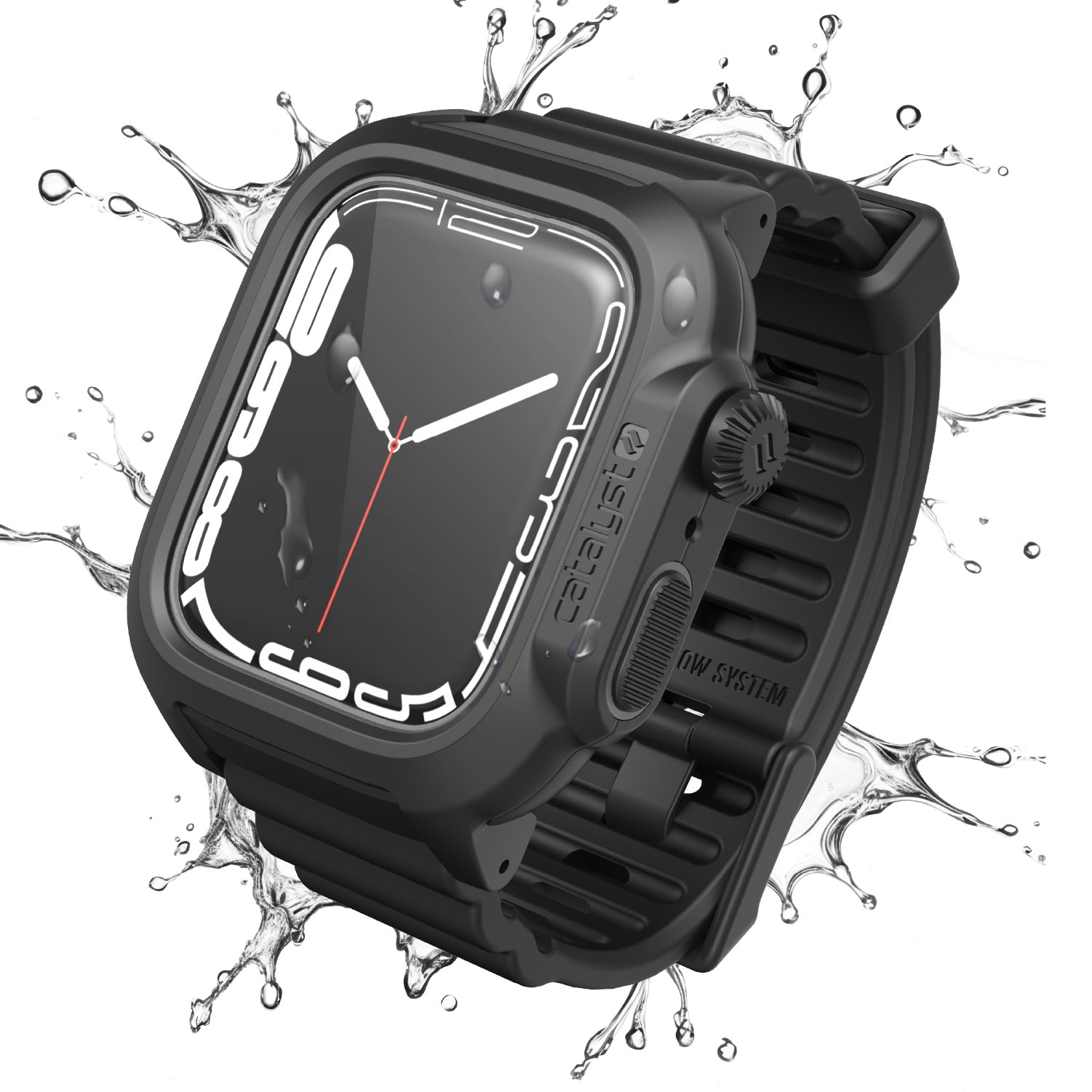 The Catalyst Case US 45mm - 330ft Waterproof Case + Band for Apple Watch Series 9/8/7 is displayed at an angle with a rugged, textured band, bold numerals, and durable side buttons, surrounded by splashing water to emphasize its water resistance.