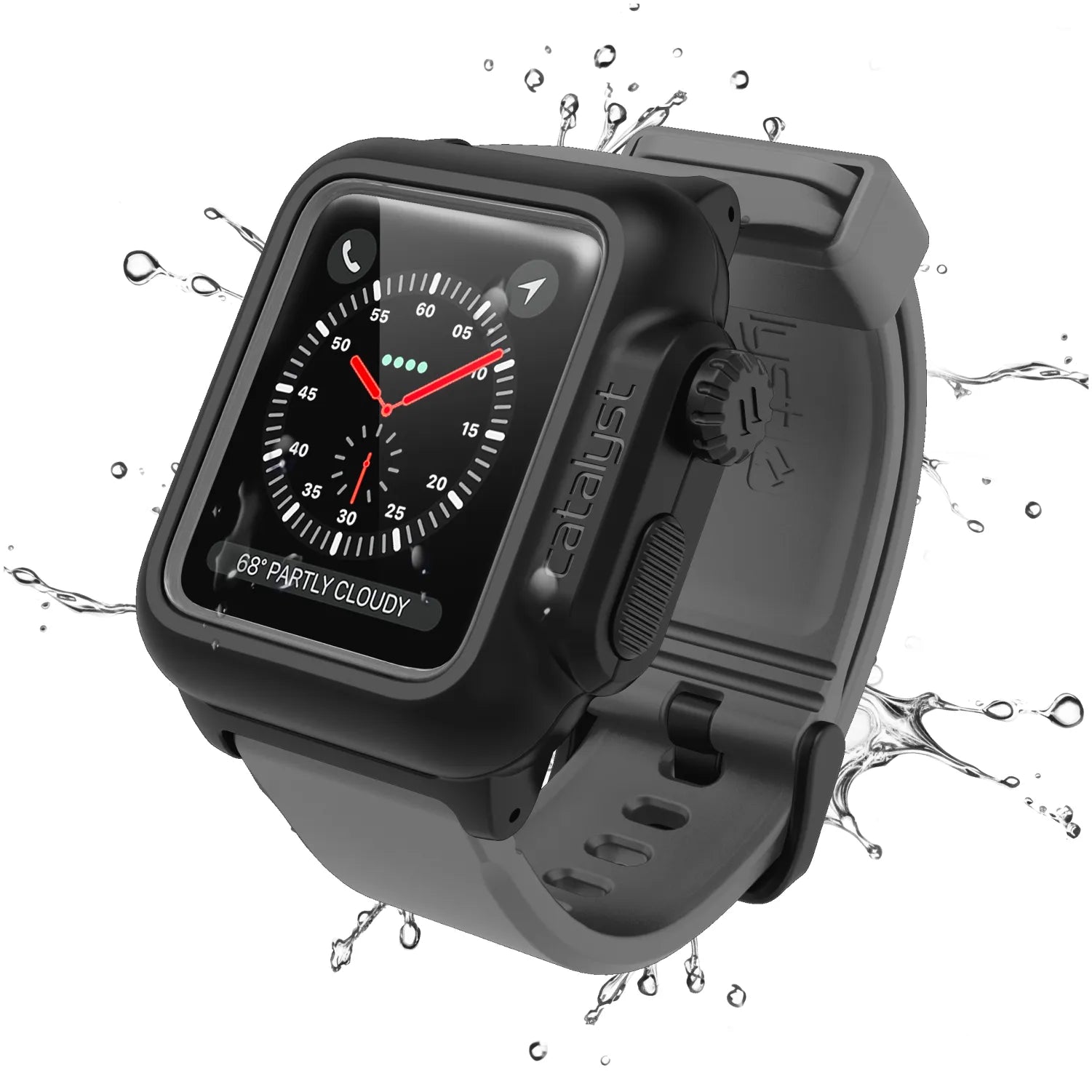 The Catalyst Case US 42mm - 100M Waterproof Case + Band for Apple Watch Series 3/2 features a black and gray rugged design with analog-style face and weather widget, combining water resistance and style for any adventure.