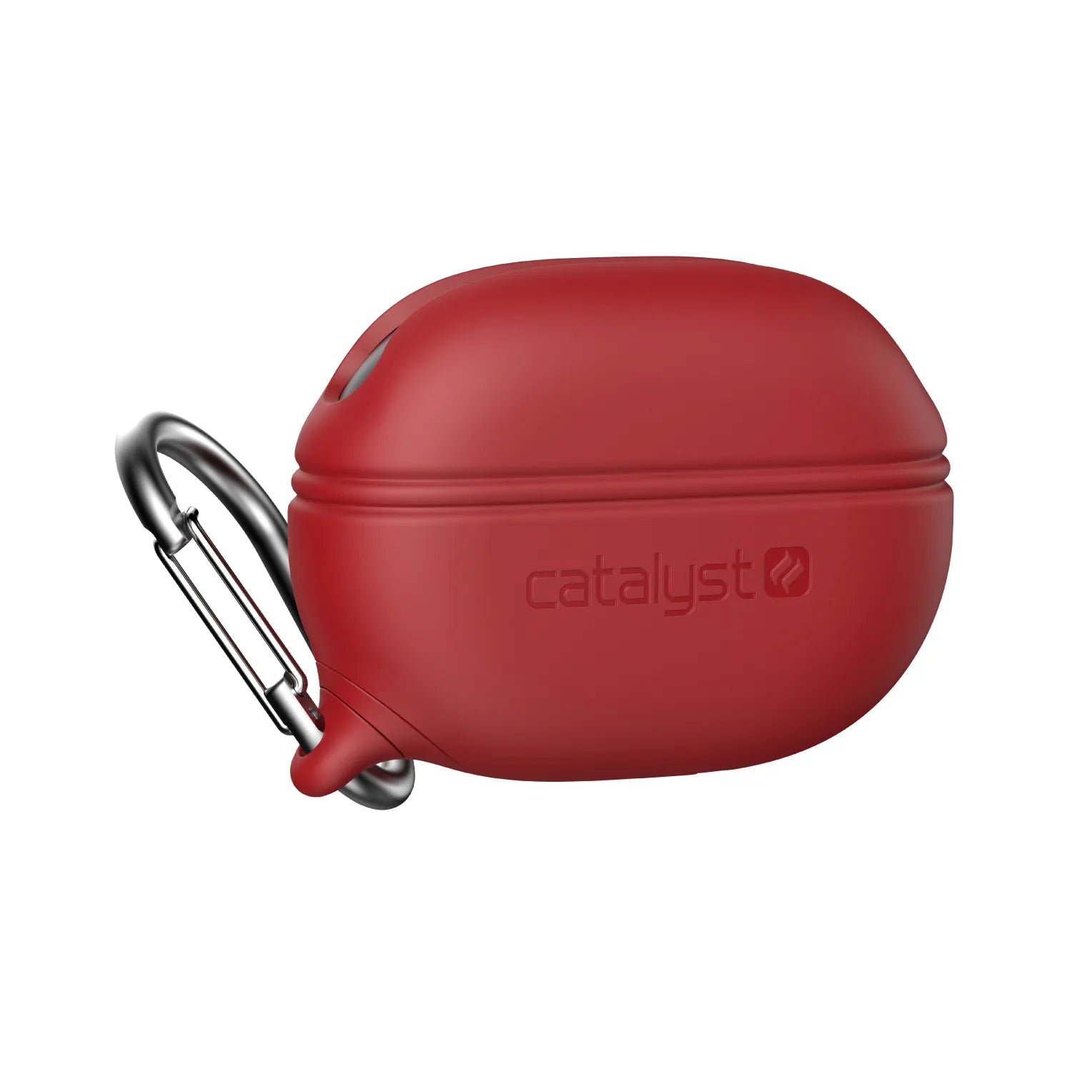 A Catalyst Case US waterproof case for Beats Studio Buds/Studio Buds Plus in red features MIL-STD-810G drop protection, a smooth rounded design with embossed branding, and a silver carabiner clip on the left. Plain white background.