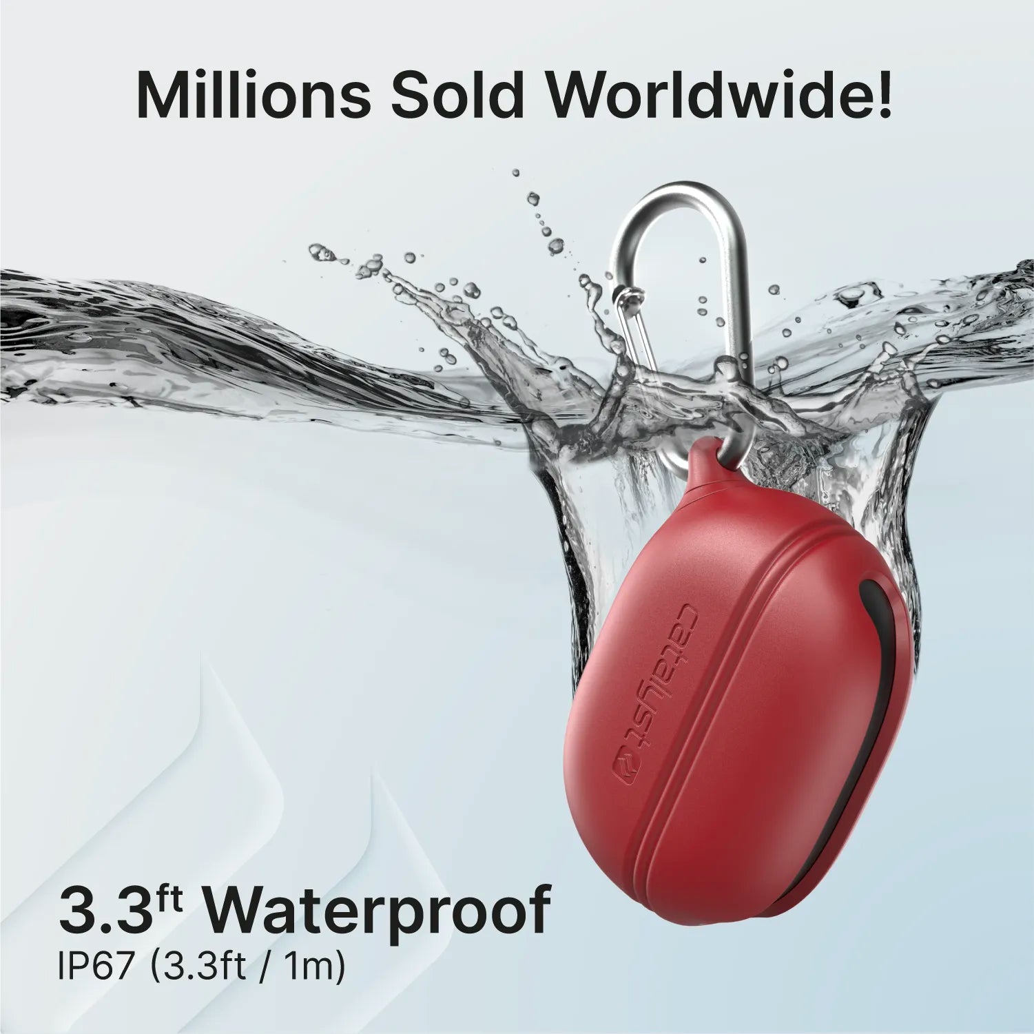 A Catalyst Case US waterproof case with carabiner for Beats Studio Buds/Beats Studio Buds Plus is shown mid-splash in clear water. Text reads, “Millions Sold Worldwide!” and “3.3ft Waterproof IP67 (3.3ft / 1m).” Water droplets highlight its protection.