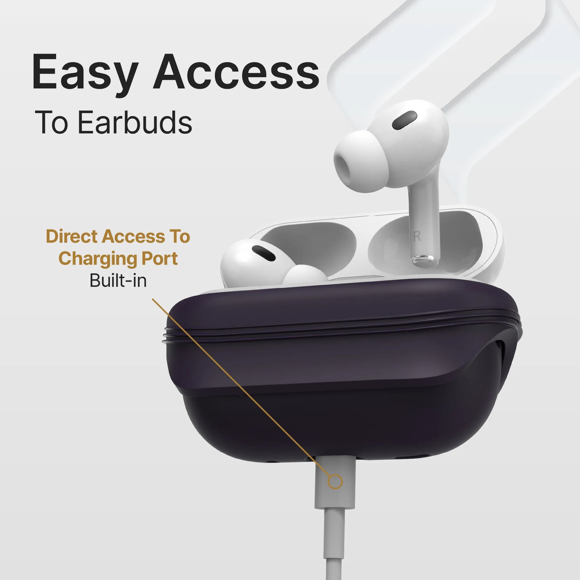 A pair of white AirPods Pro (Gen 2) rests in an open dark Catalyst Case US Essential Case + Lanyard, charging cable attached. Text: “Easy Access To Earbuds†and “Direct Access To Charging Port Built-in,†for convenient use.