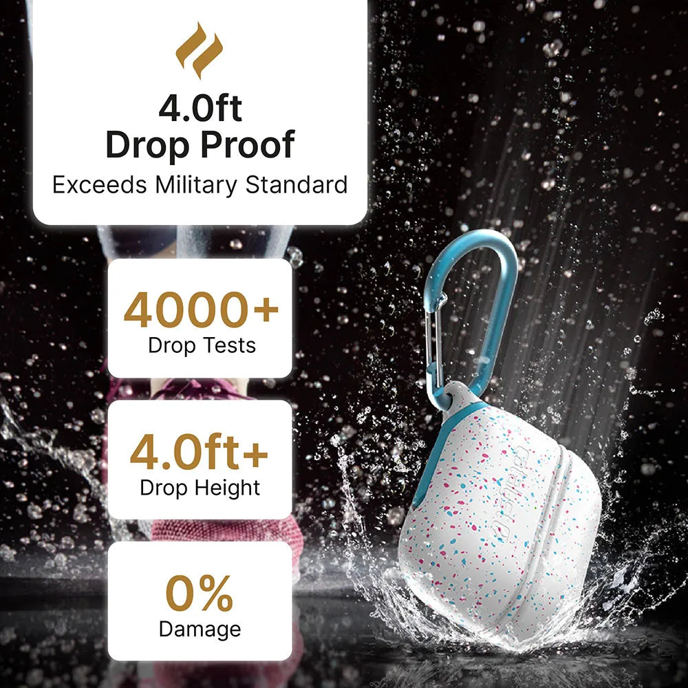 A Catalyst Case US AirPods Pro (Gen 2/1) Waterproof Case + Carabiner bounces on wet ground, splashing water. Text: “4.0ft Drop Proofâ€â€ÂExceeds Military Standard. 4000+ Drop Tests, 4.0ft+ Drops, 0% Damage.†Shoes in background.