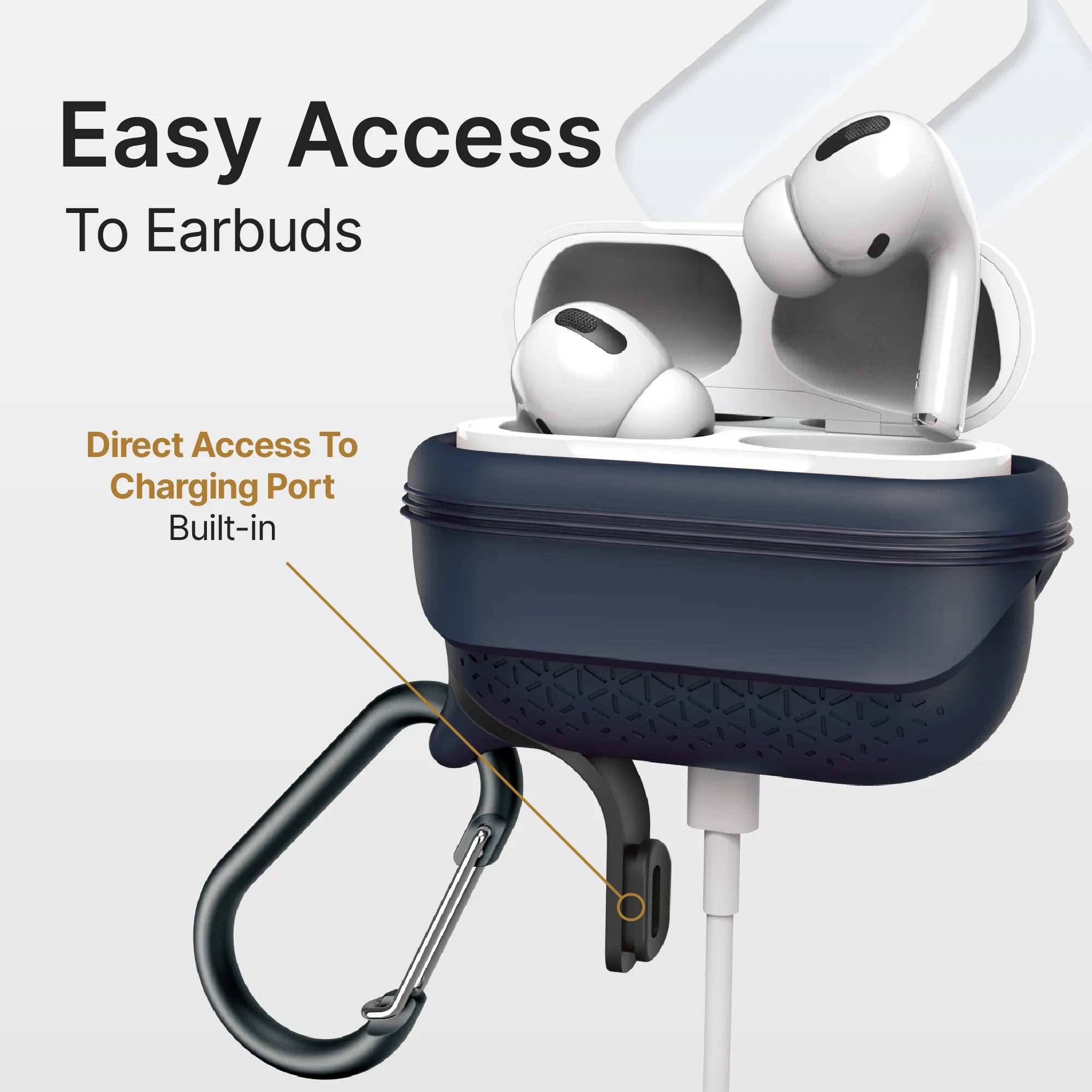The Catalyst Case US Waterproof Case + Carabiner for AirPods Pro (Gen 2/1) features a navy blue rugged design, provides easy access to earbuds and charging port, and includes a charging cable and attached carabiner.