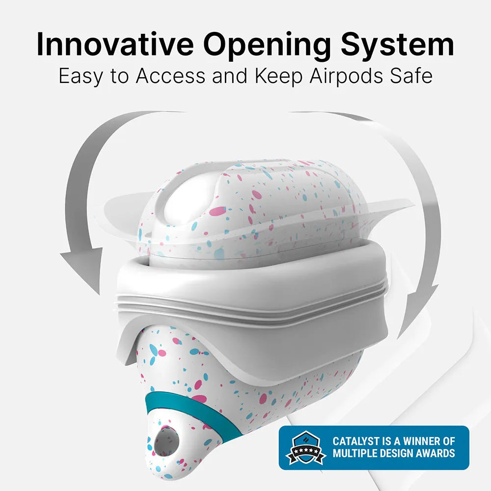 The Catalyst Case US AirPods Pro (Gen 2/1) Waterproof Case + Lanyard is shown in speckled white with blue and pink dots, featuring an innovative sliding opening system for easy access and safety. Badge highlights its design awards.