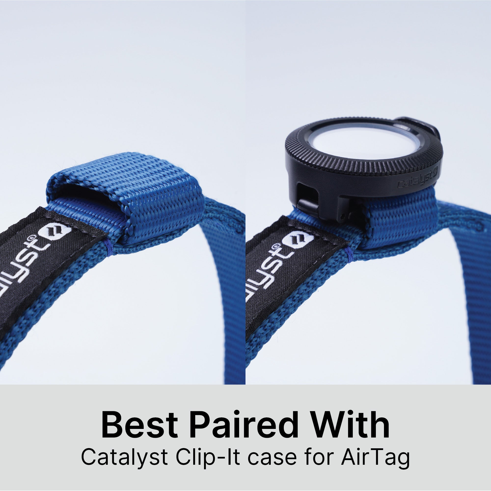Split image showing a blue Catalyst Dog Collar for AirTag, first alone and then with a black Catalyst Case US Clip-It case holding an Apple AirTag attached. Text below reads: “Best Paired With Catalyst Clip-It case for AirTag” on a light gray background.