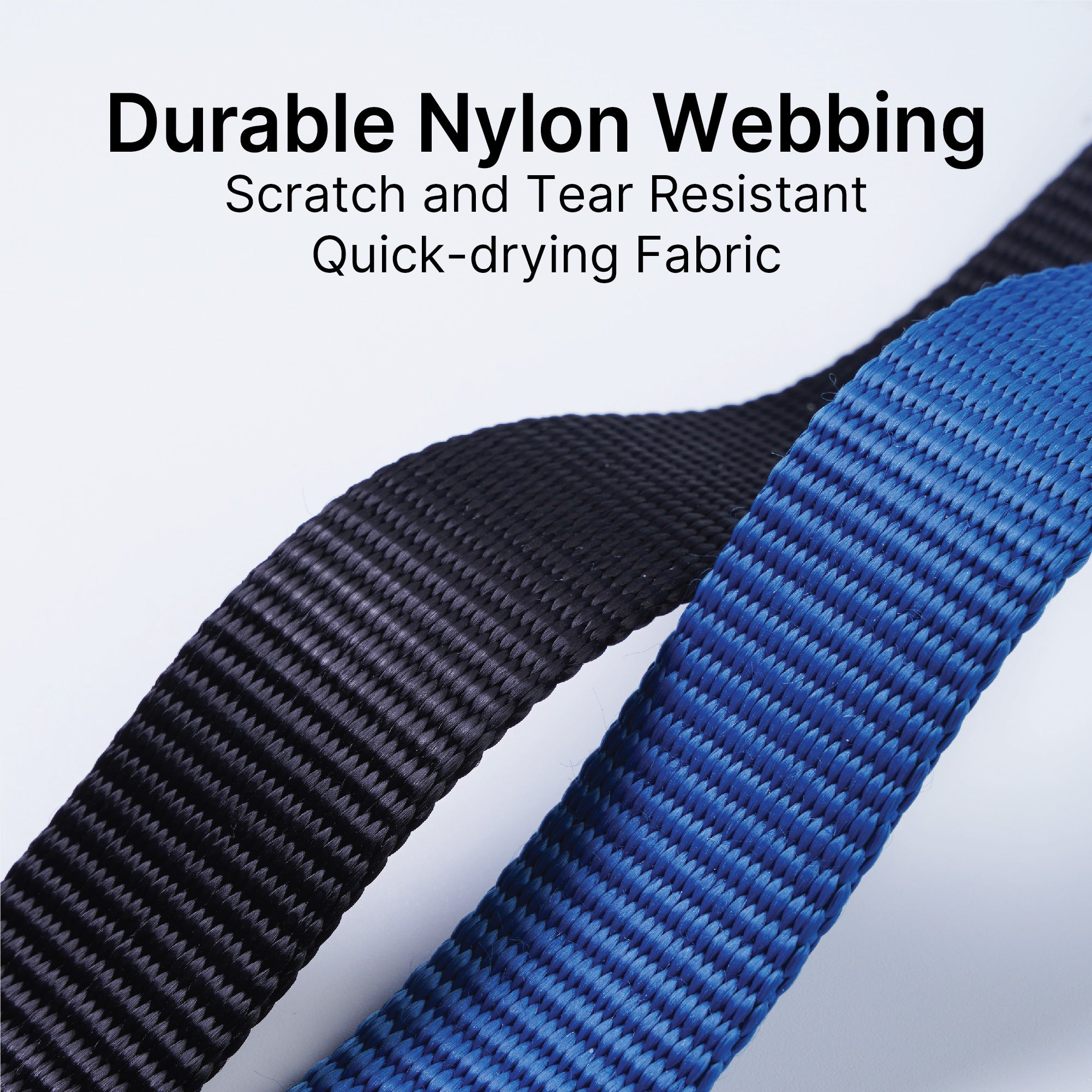 Close-up of two nylon webbing strips, black and blue, on a light background. Text above: "Dog Collar for AirTag by Catalyst Case US—Durable, Scratch & Tear Resistant, Quick-drying Nylon." Fabric texture is clearly visible.
