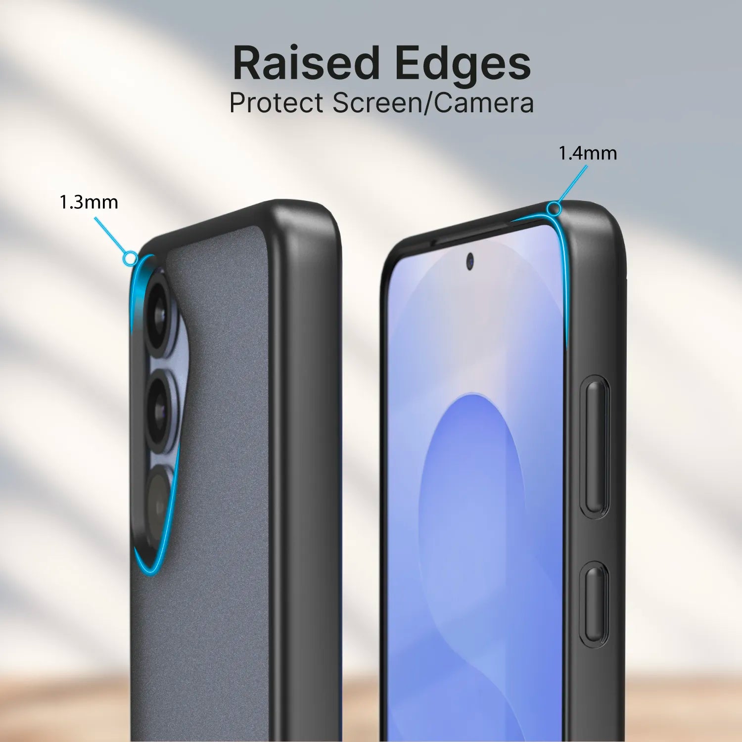 The Catalyst Case US Impact Protection Case for Samsung Galaxy S25 Plus features 1.3mm raised edges to protect the rear camera and 1.4mm raised edges to guard the front screen. Text: “Raised Edges Protect Screen/Camera.” Softly blurred background.
