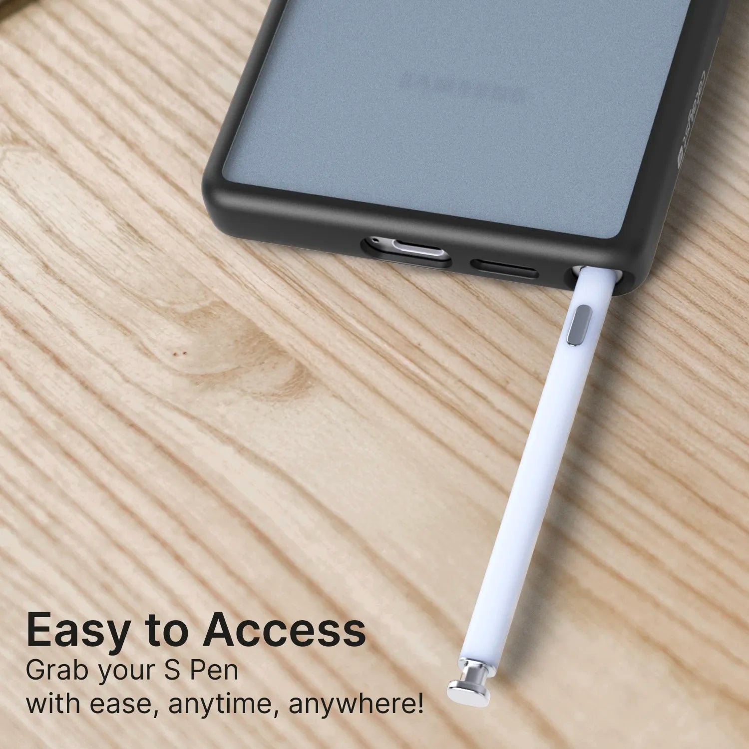 A close-up of a Samsung Galaxy S25 Ultra in the Catalyst Case US Impact Protection Case (Pre-Order) rests on wood, with a white S Pen partly out. Text: “Easy to Access. Grab your S Pen anytime, anywhere!”.