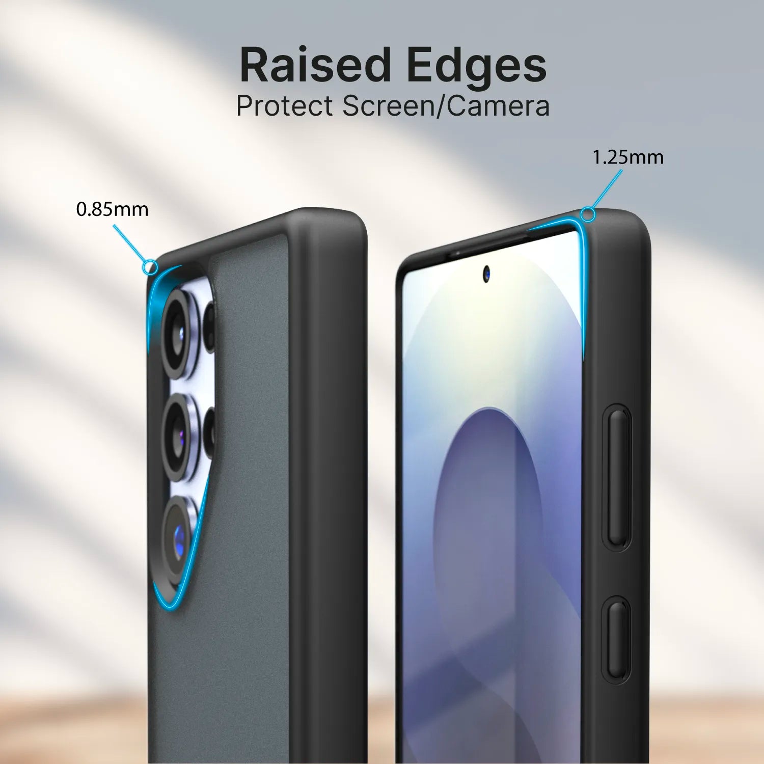 The Catalyst Case US Impact Protection Case for Samsung Galaxy S25 Ultra is shown from the back and front, highlighting raised edges: 0.85mm around the camera and 1.25mm around the screen for extra protection. Camera lenses and display are visible. (Pre-Order).