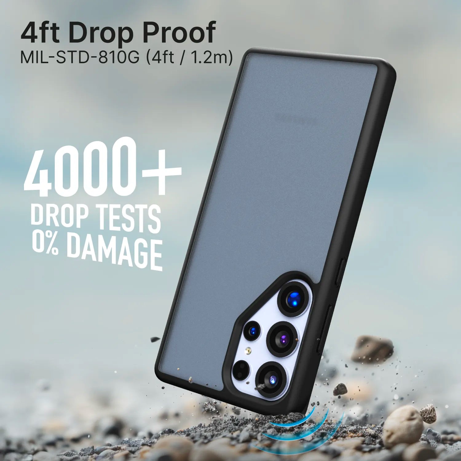 A Samsung Galaxy S25 Ultra with a black Catalyst Case US Impact Protection Case (Pre-Order) rests on gravel. Text reads "4ft Drop Proof MIL-STD-810G (4ft/1.2m)" and "4000+ Drop Tests 0% Damage." Triple rear cameras highlight its protection.