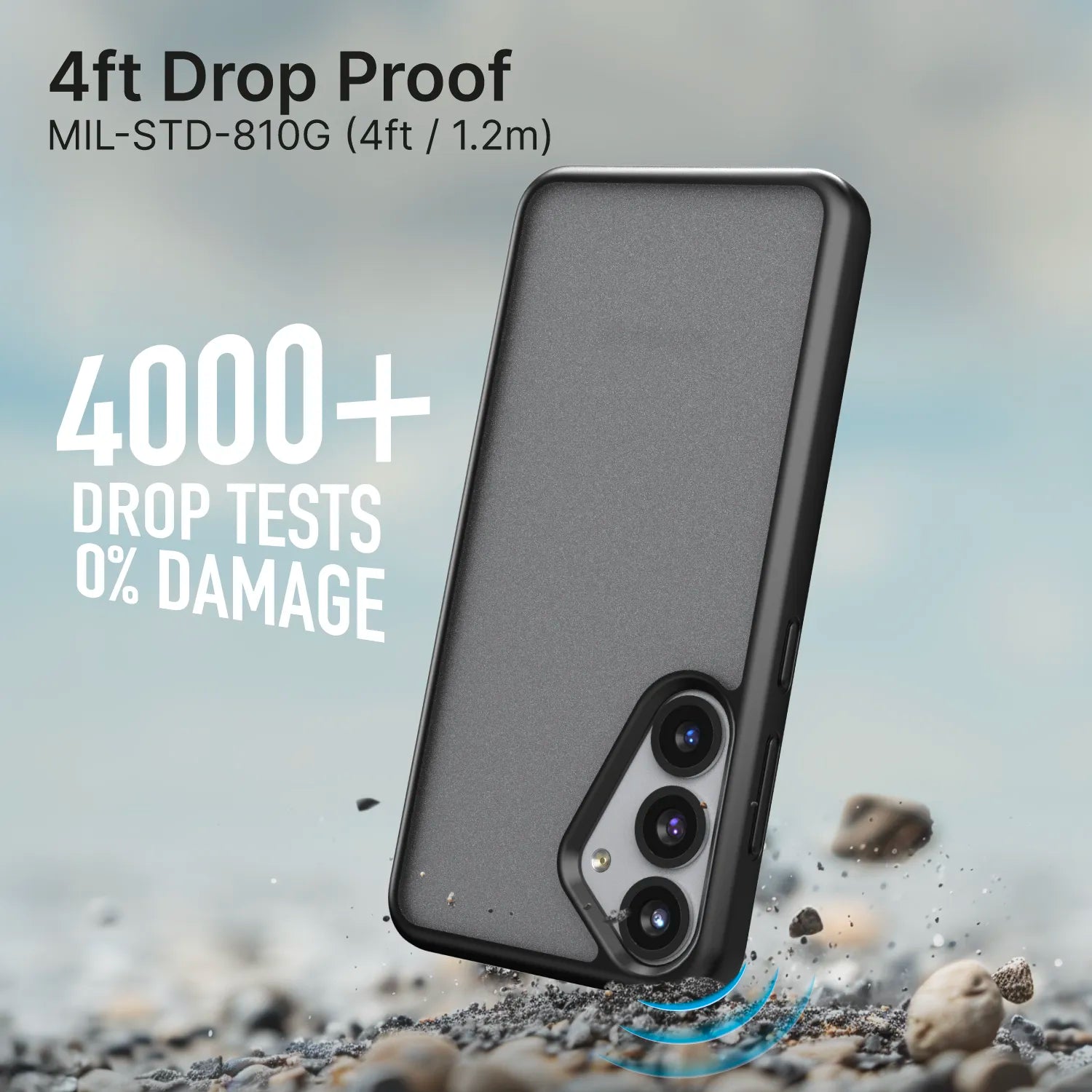 A Samsung Galaxy S25 in a rugged Catalyst Case US Impact Protection Case (Pre-Order) rests on gravel. “4ft Drop Proof MIL-STD-810G. 4000+ Drop Tests, 0% Damage.” Blue impact lines. Scattered pebbles and visible camera lenses.