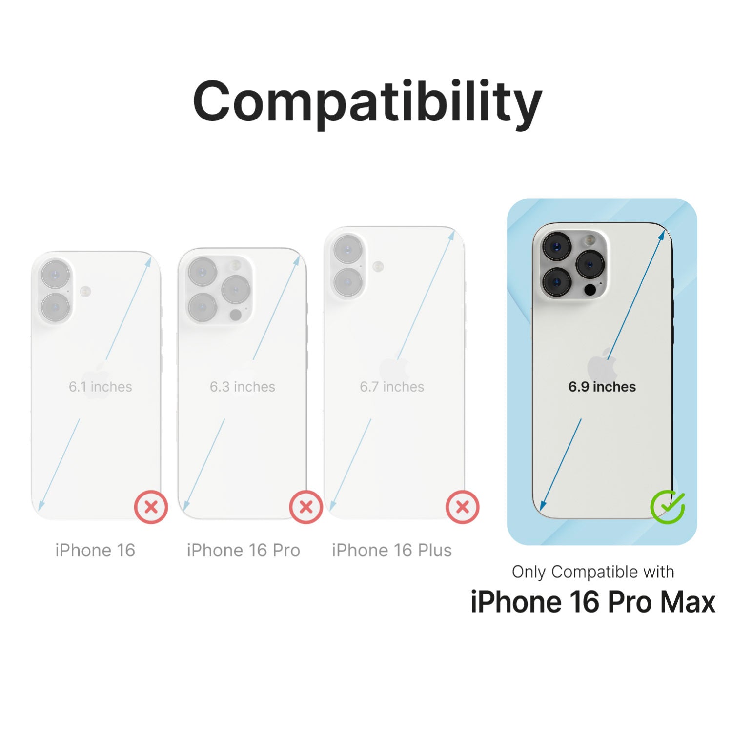 Diagram depicting the Catalyst iPhone 16 Pro Max - Drop Proof Case, which is exclusively compatible with the iPhone 16 Pro Max (6.9 inches). It does not fit the iPhone 16 (6.1 inches), iPhone 16 (6.3 inches) , or iPhone 16 Plus (6.7 inches) models of the series.