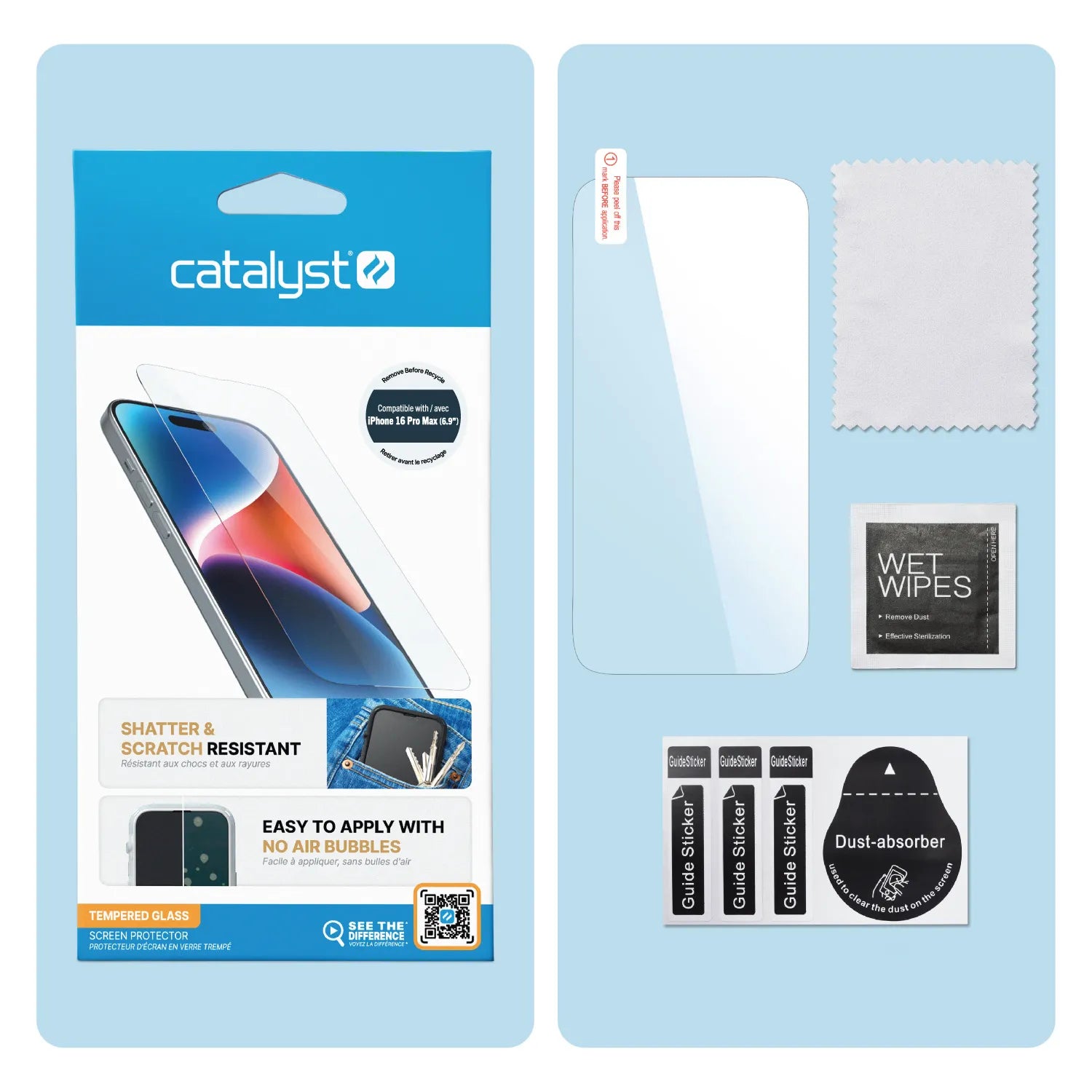 The Catalyst Case US iPhone 16 Pro Max Tempered Glass Screen Protector kit includes a glass protector, microfiber cloth, cleaning wipe, guide stickers, and a black dust-absorber sticker—all shown on a light blue background.