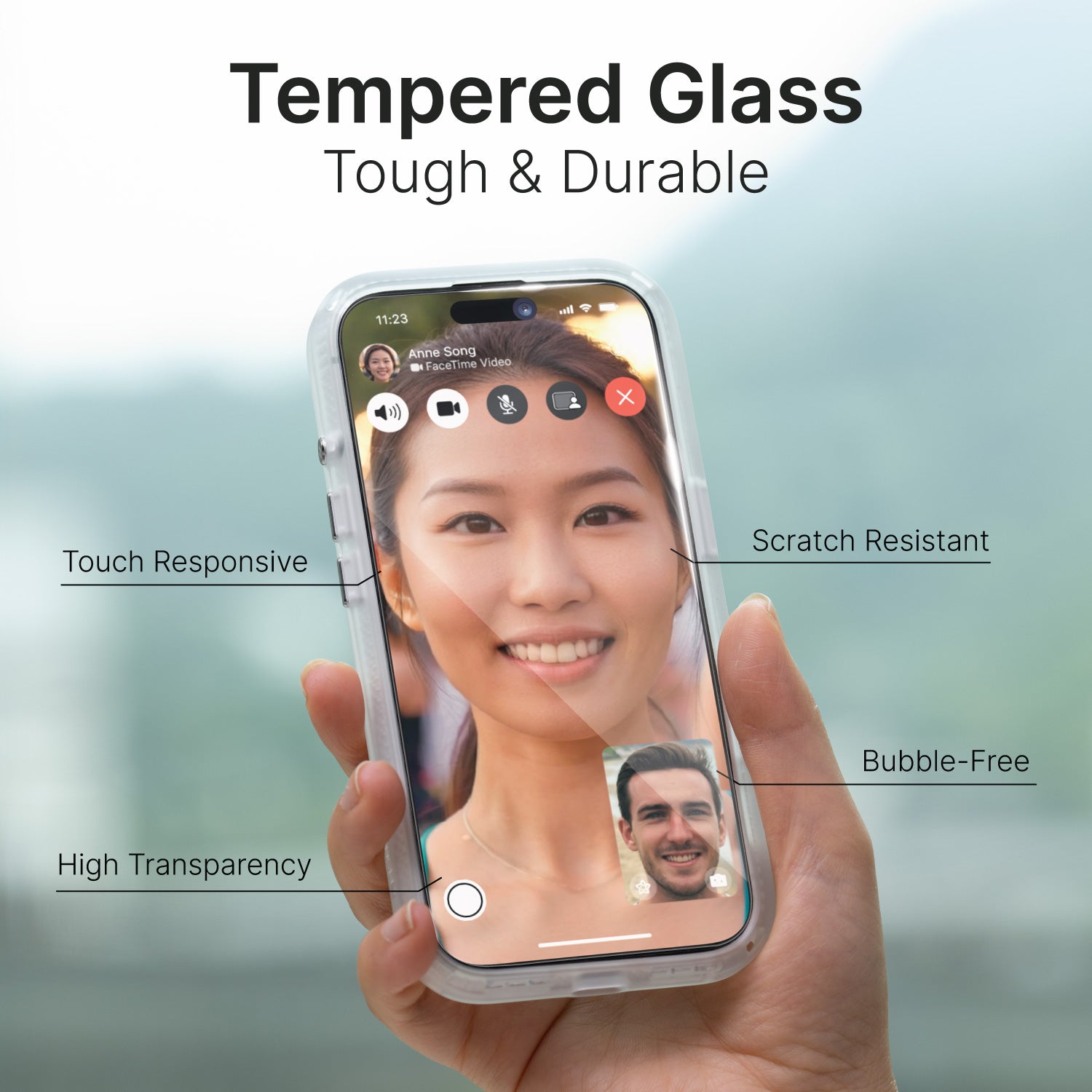 A person's hand holds an iPhone with a Catalyst Drop Proof Case, featuring a video call on the screen, showcasing the tempered glass screen protector's touch responsiveness, scratch resistance, bubble-free application, and high transparency.