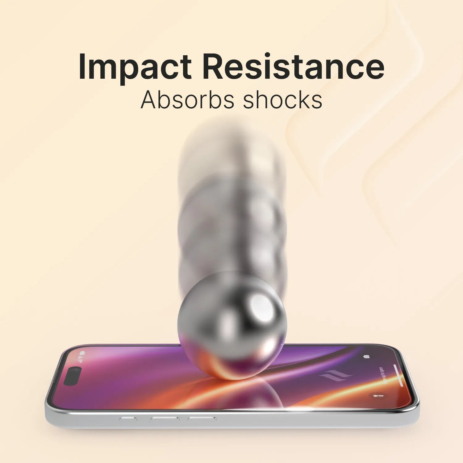 A metallic ball bounces onto an iPhone 16e/14/13 with a Catalyst Case US Tempered Glass Screen Protector, highlighting its superior impact resistance. The phone sits on a light surface under "Impact Resistance - Absorbs shocks" on a beige gradient background.