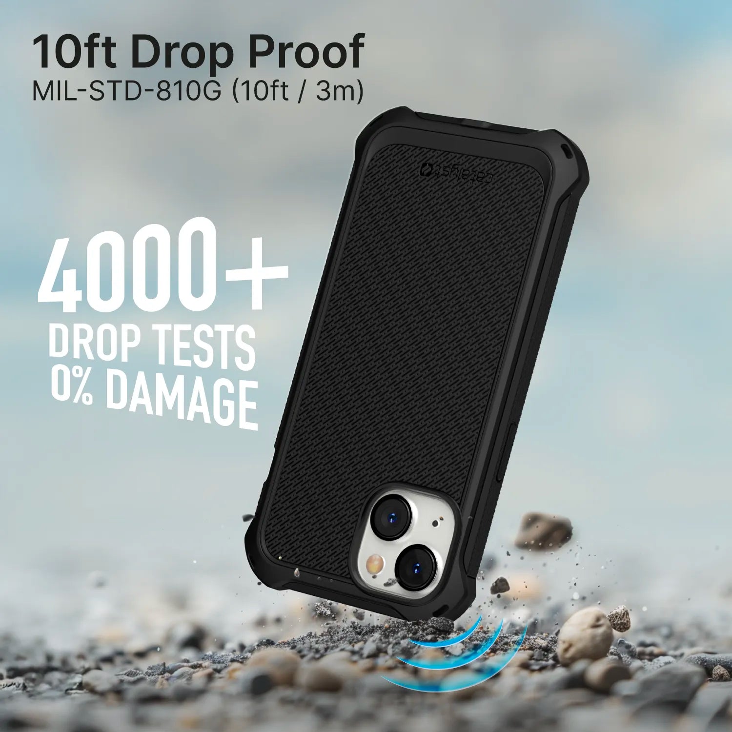 The Catalyst Case US Crux Case for iPhone 16e/14/13, MagSafe compatible, drops onto rocky ground in its rugged black shell. “10ft Drop Proof (3m)†and “4000+ Drop Tests 0% Damage†text appears, with blue lines highlighting the impact.