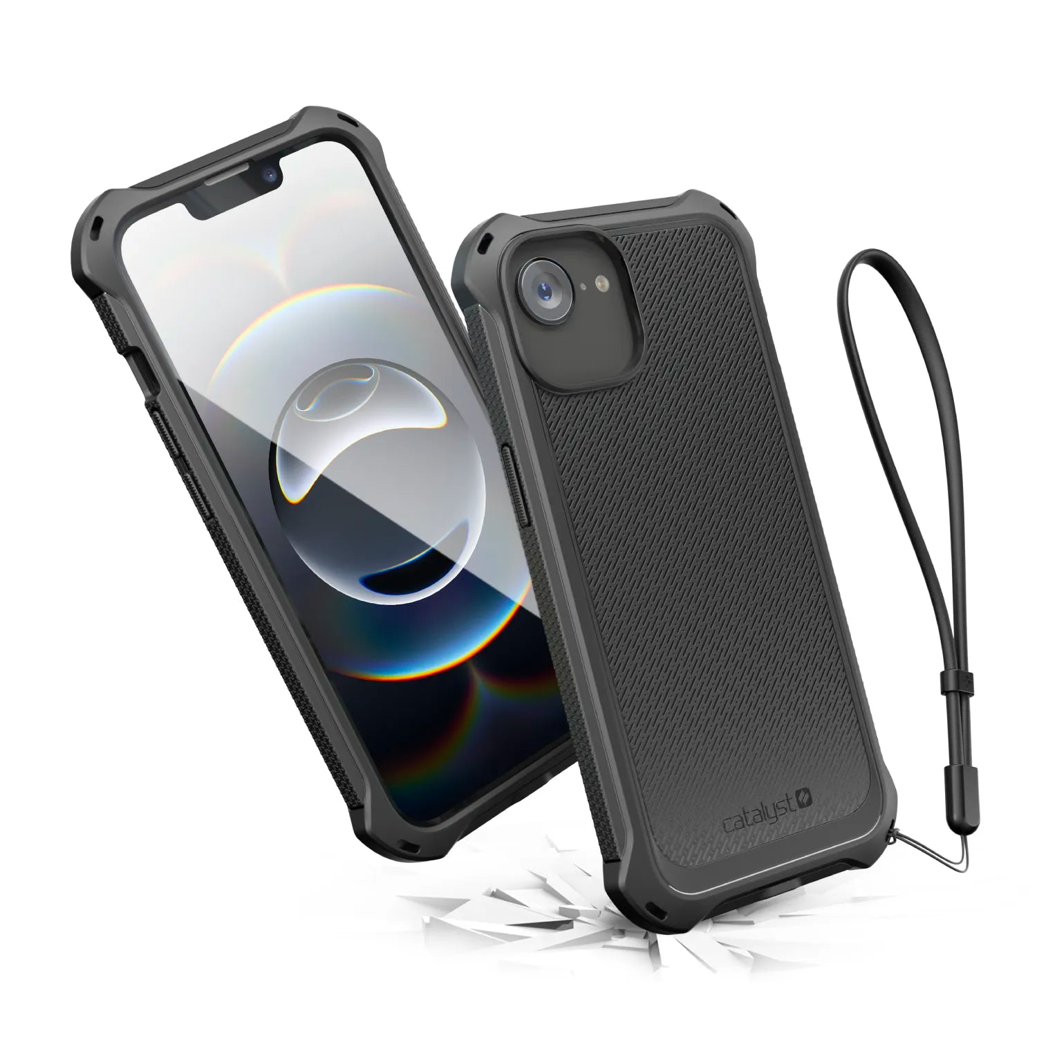 Two rugged Catalyst Case US Crux Cases for iPhone 16e/14/13 are shownâ€â€Âone displays the screen, the other its textured back. A black wrist strap is attached, and cracks beneath highlight MagSafe compatibility and strong impact protection.