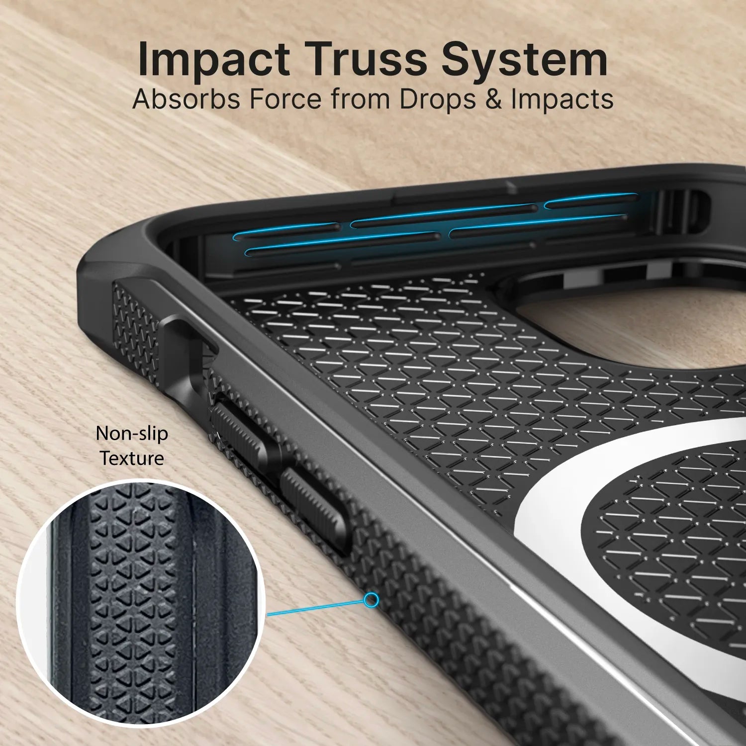 The Catalyst Case US iPhone 14 Plus Crux Case (MagSafe compatible) is shown close up, highlighting its textured non-slip grip and blue lines marking the internal Impact Truss System, providing MIL-STD 810G drop protection and labeled feature details.