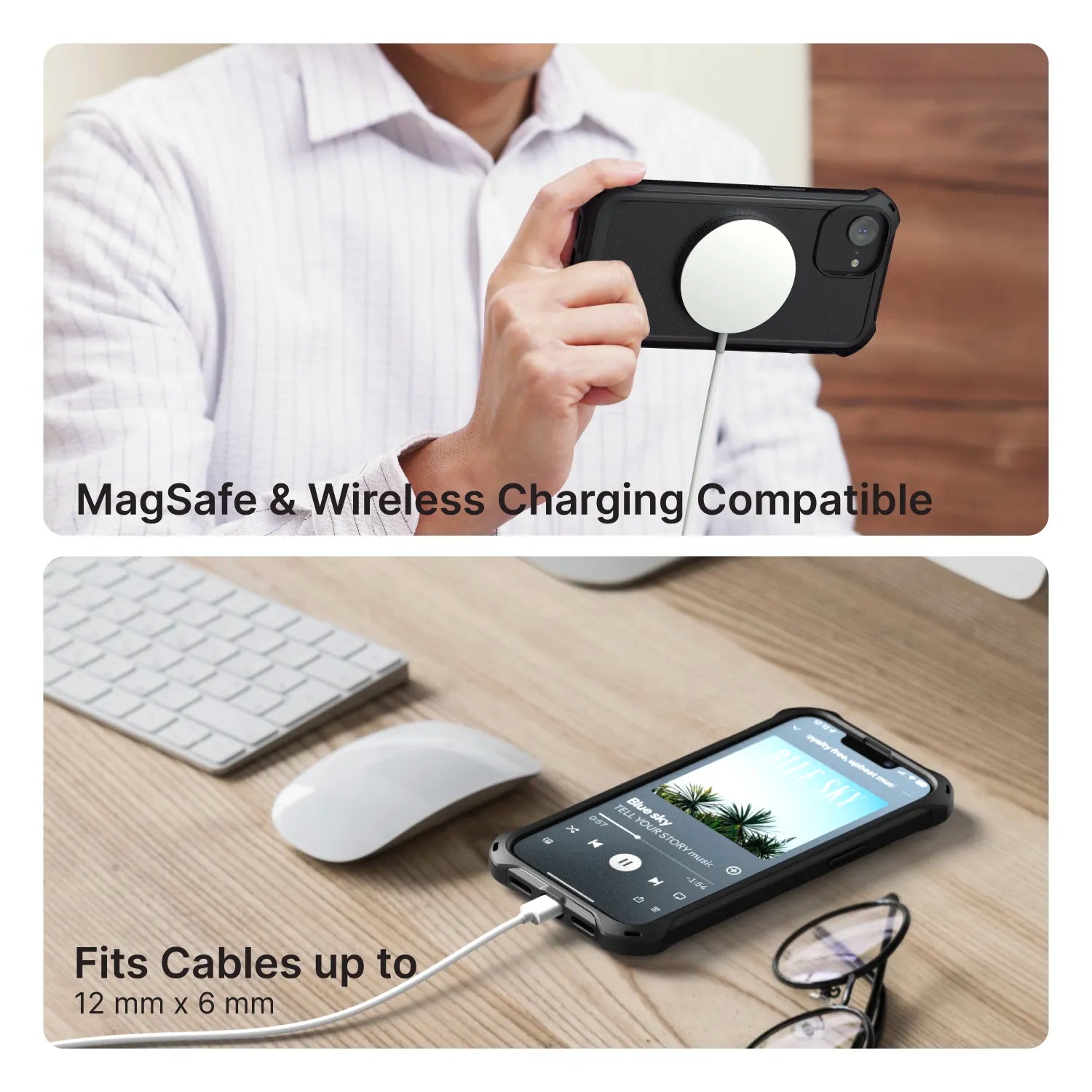 Top: A person uses the Catalyst Case US iPhone 14 Plus - Crux Case, MagSafe compatible, with a circular charger attached for wireless charging. Bottom: The phone on a desk charges via cable (up to 12 x 6 mm) while playing music.