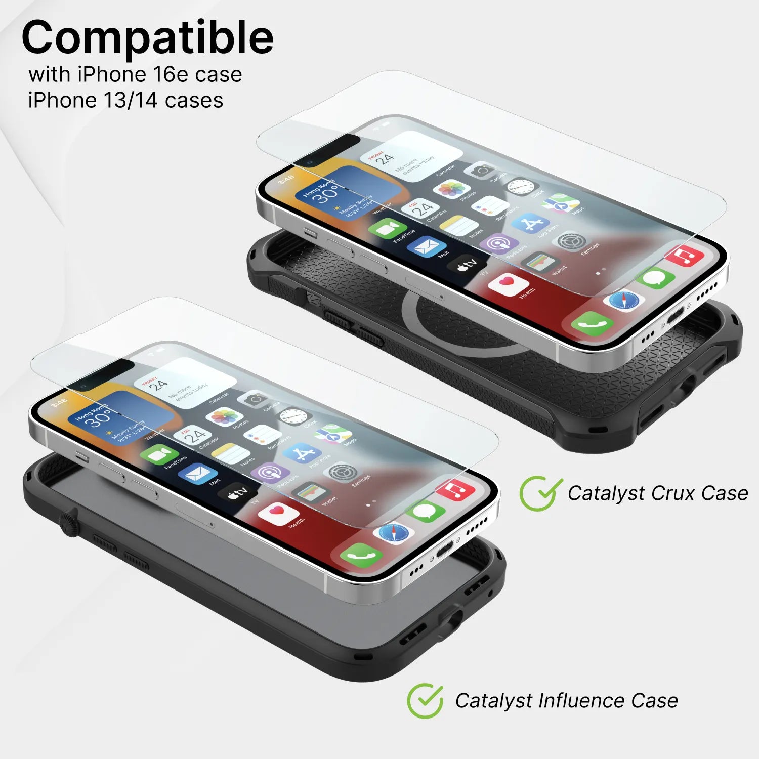 Two iPhones with Catalyst Case US Tempered Glass Screen Protectors are displayed in black Crux and Influence Cases, compatible with iPhone 16e, 13, and 14. The light gray background highlights their durable, protective design.