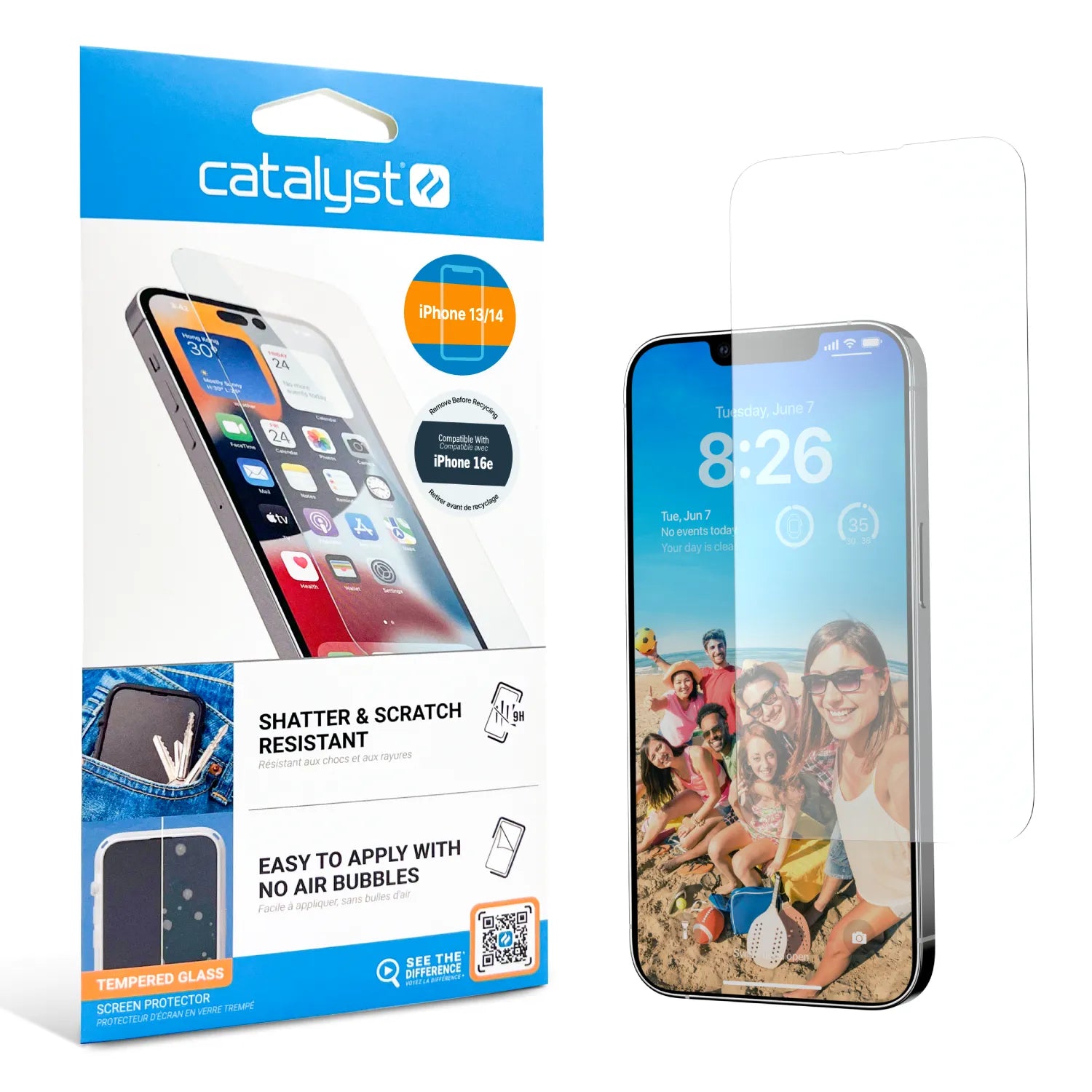 A Catalyst Case US box for the iPhone 16e/14/13 Tempered Glass Screen Protector stands next to a phone showing a beach photo and time, while the shatter- and scratch-resistant glass hovers above, promising easy, bubble-free application.