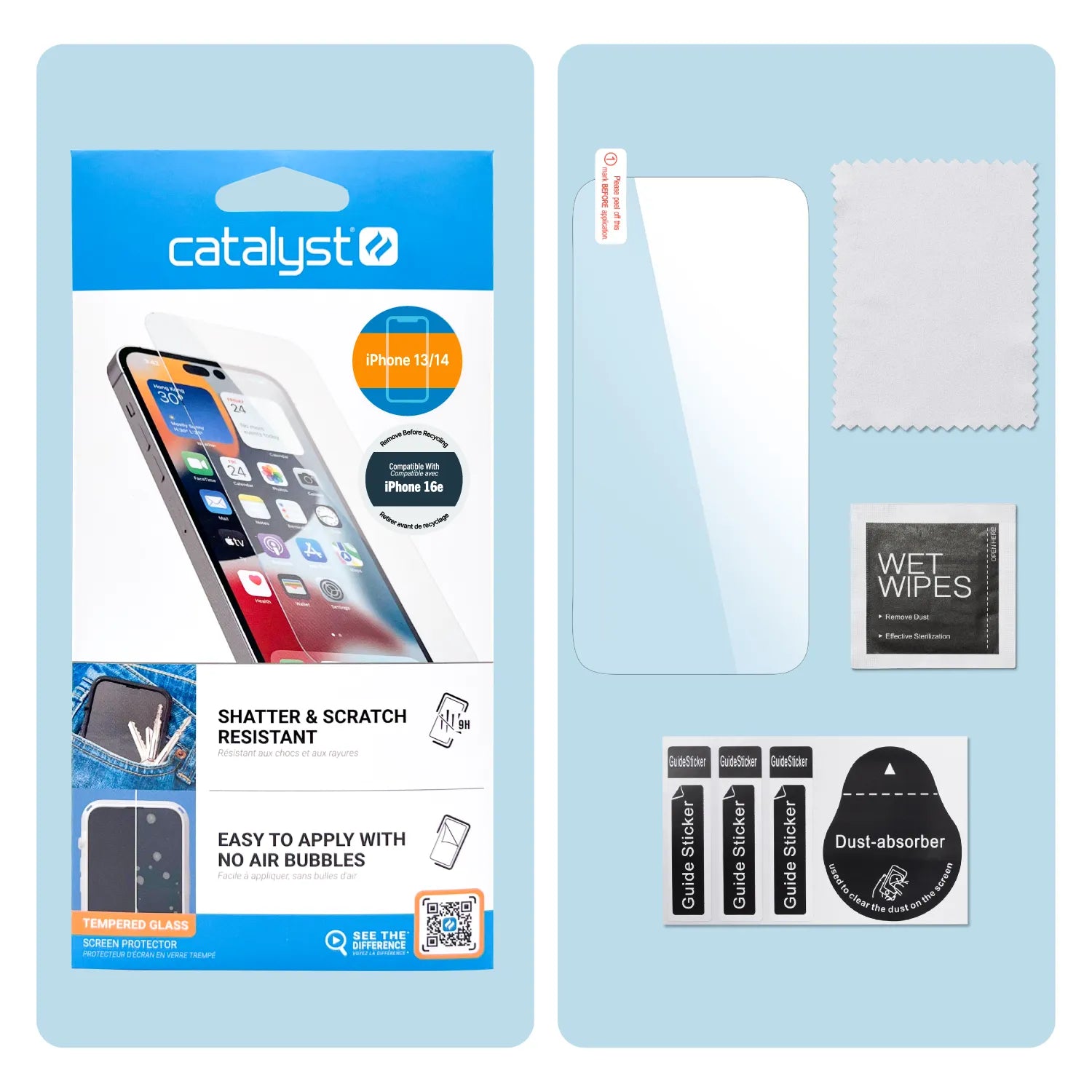 The Catalyst Case US iPhone 16e/14/13 Tempered Glass Screen Protector kit includes a protector, microfiber cloth, wet wipes, dust-absorber sticker, two guide stickers, and packaging with installation instructions.