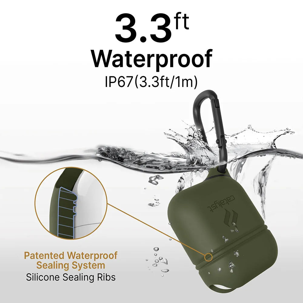 A Catalyst Case US AirPods (Gen 2/1) Waterproof Case + Carabiner is shown partly underwater. Text reads, “3.3ft Waterproof IP67.†An inset highlights the patented silicone waterproof sealing system.