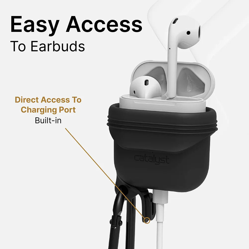 A pair of AirPods (Gen 2/1) in an open charging case is secured in a black Catalyst Case US Waterproof Case + Carabiner. Text reads “Easy Access To Earbuds,†highlighting the built-in charging port with cable attached.