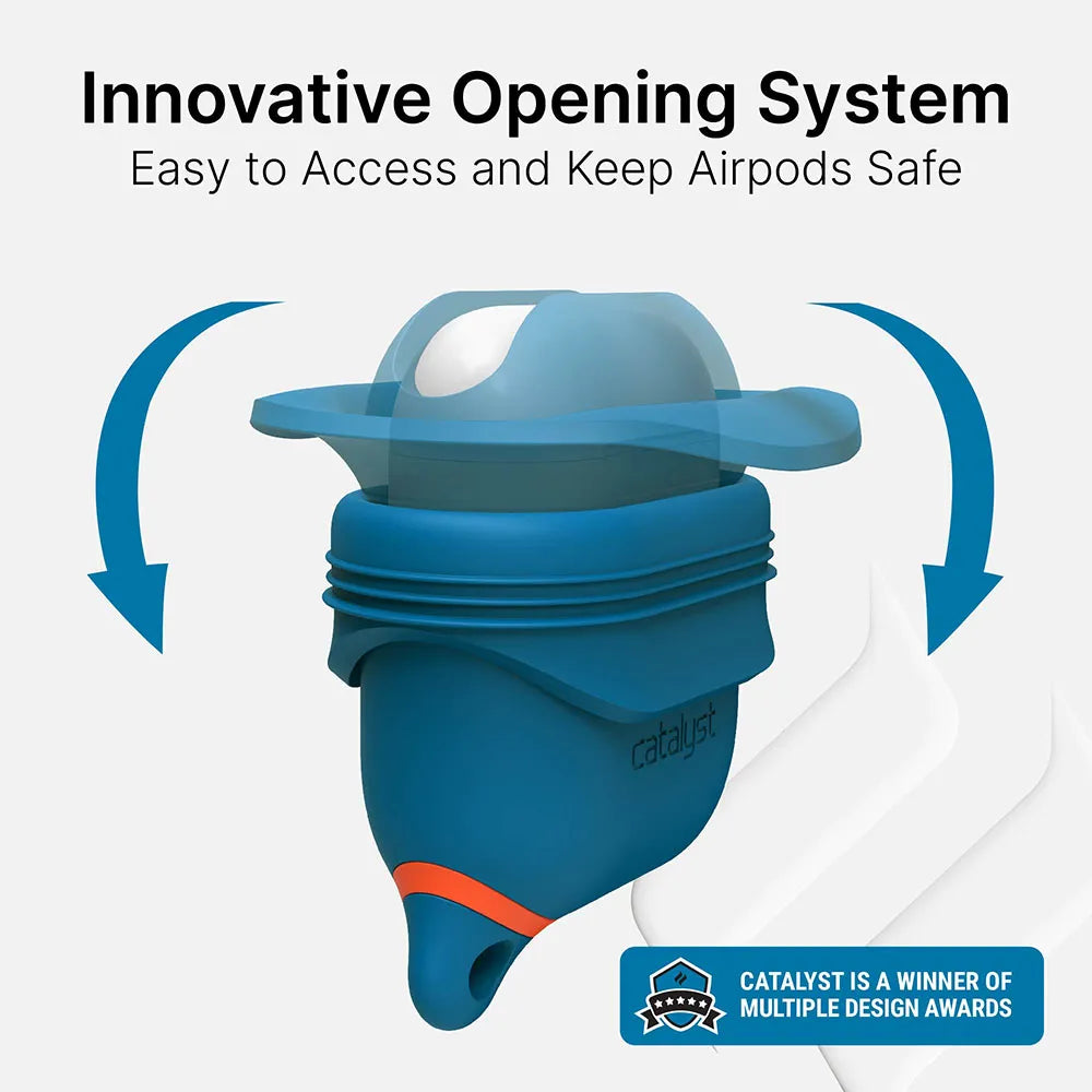 A blue Catalyst Case US Waterproof Case + Carabiner for AirPods (Gen 2/1) is shown with its curved, hinged lid halfway open and motion arrows. Text reads, “Innovative Opening Systemâ€â€ÂEasy to Access & Protect.†Design award badge displayed.