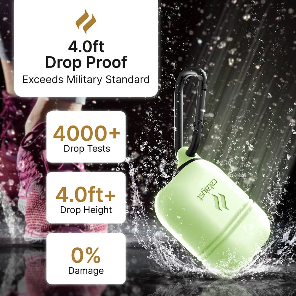 The Catalyst Case US AirPods (Gen 2/1) Waterproof Case + Carabiner, shown in lime green beside a pink shoe, is 4.0ft drop proof, tested over 4000 times from heights above 4.0ft with zero damageâ€â€Âexceeding military standards.