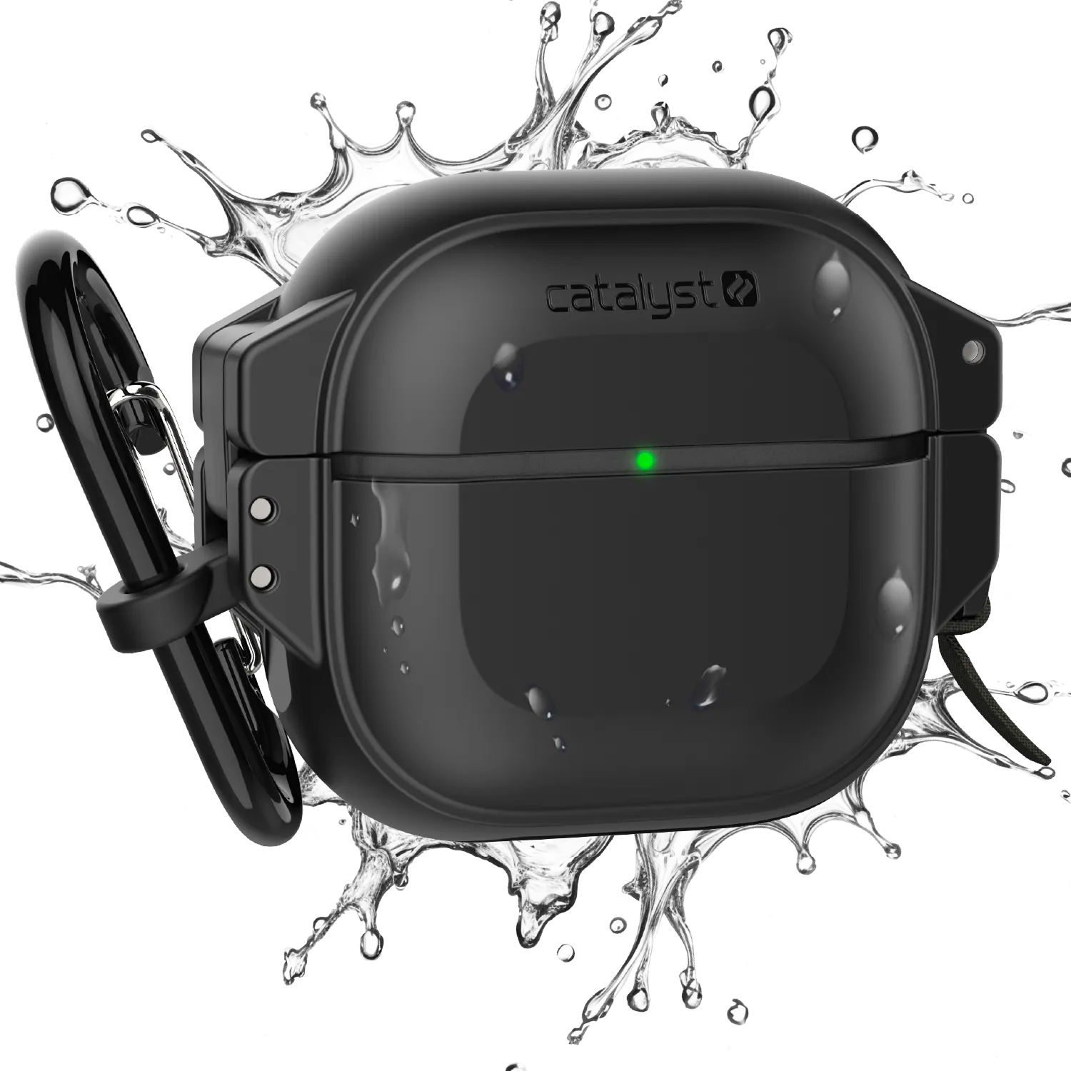 A black Catalyst Case US AirPods 4 - 100M Waterproof Total Protection Case + Carabiner with green LED indicator is shown splashed by water, highlighting rugged, military-grade durability. The white background emphasizes its tough, waterproof design.