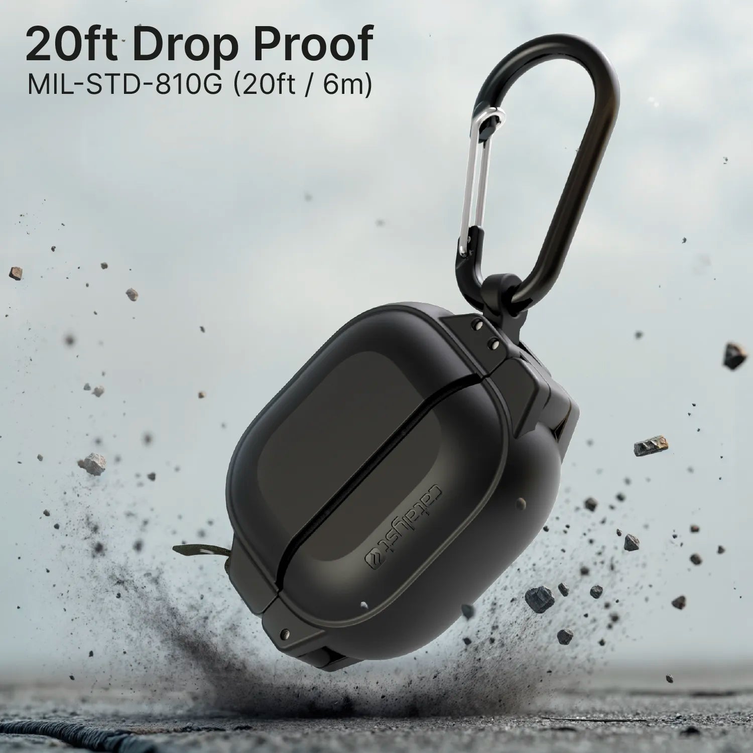 A rugged black Catalyst Case US AirPods 4 - 100M Waterproof Total Protection Case + Carabiner hits the ground amid debris, showing military-grade drop protection. Text above reads "20ft Drop Proof MIL-STD-810G (20ft / 6m)".