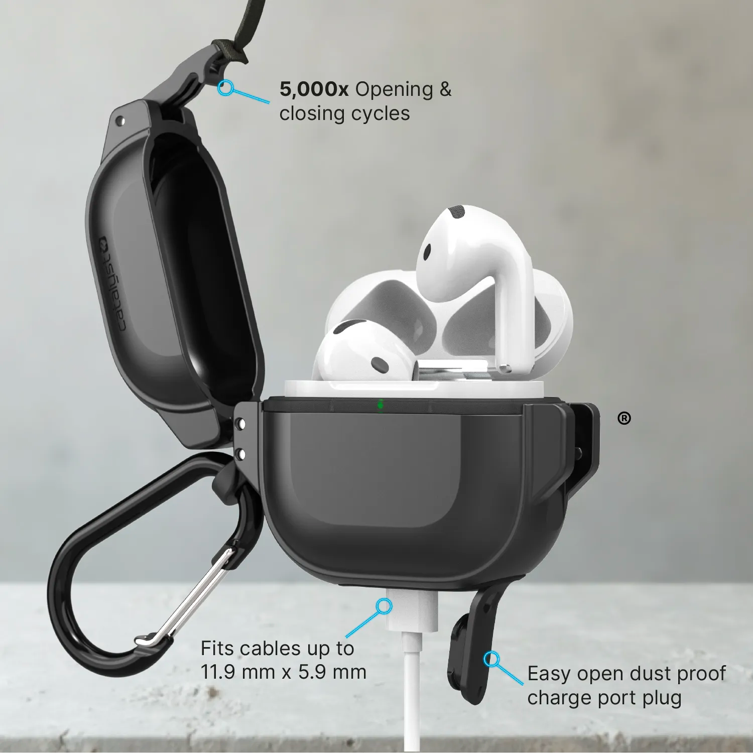 The Catalyst Case US AirPods 4 - 100M Waterproof Total Protection Case + Carabiner (black) features military-grade drop protection, survives 5,000x openings, fits cables up to 11.9mm x 5.9mm, and has a dust-proof charge port plug.