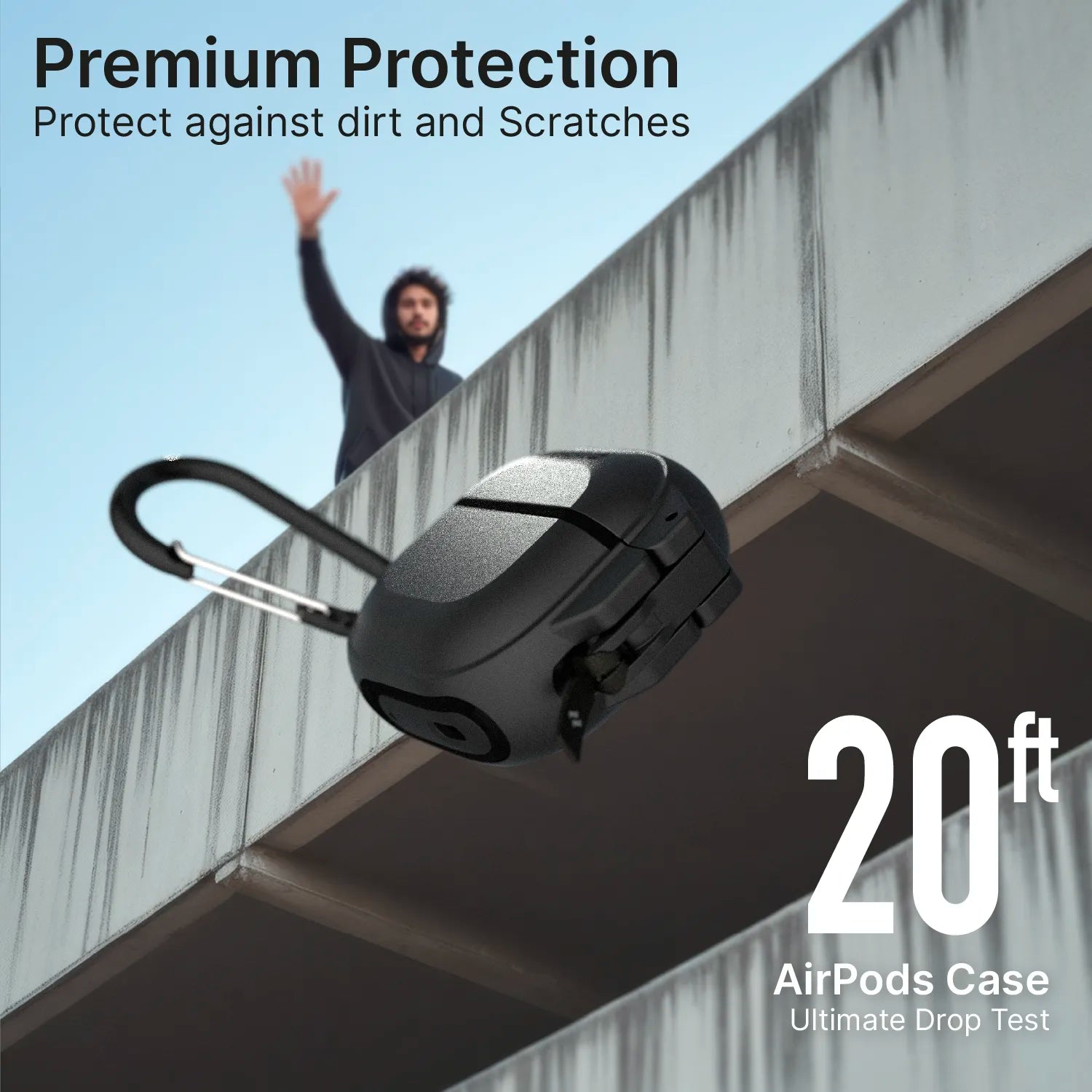 A man drops the Catalyst Case US AirPods 4 - 100M Waterproof Total Protection Case + Carabiner from a concrete balcony. Text: “Premium Protection from dirt & scratches” and “20 ft Ultimate Drop Test.” The case is shown falling mid-air.