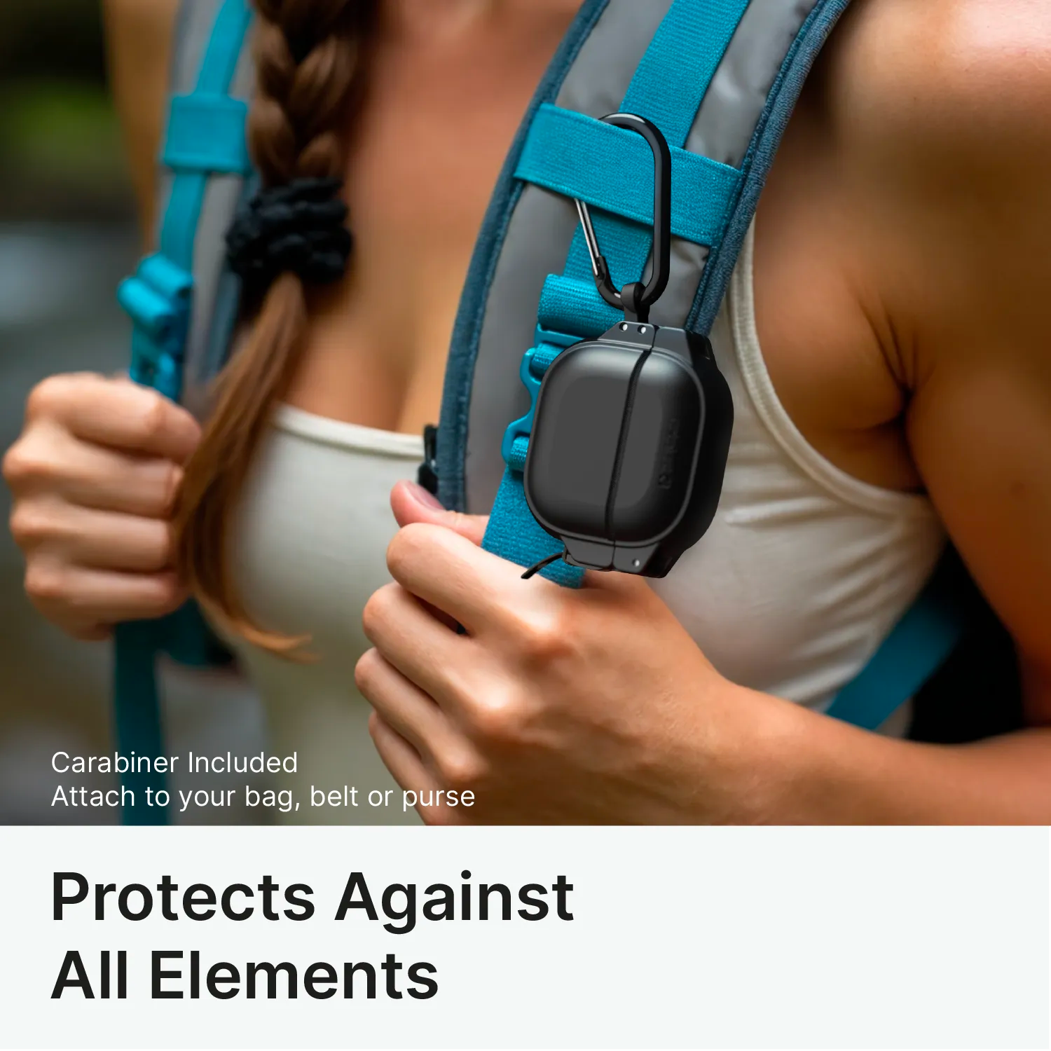 A woman wearing a white tank top and blue backpack stands outdoors. A Catalyst Case US AirPods 4 - 100M Waterproof Total Protection Case + Carabiner, MagSafe compatible, is clipped to her backpack strap. Text: “Protects Against All Elements.