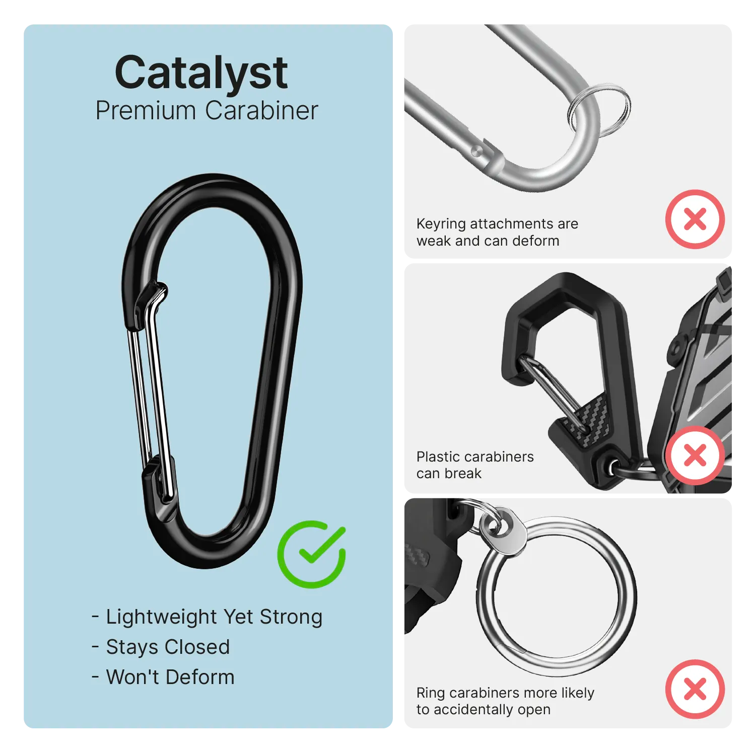 On the left, Catalyst Case US’s AirPods 4 - 100M Waterproof Total Protection Case + Carabiner features a strong, secure black metal carabiner, while weak alternatives on the right are marked with red Xs for comparison.