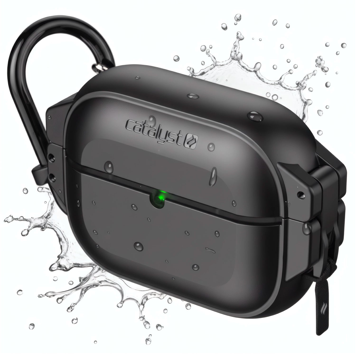 The Catalyst Case US AirPods Pro 3 - 100M Waterproof Total Protection Case + Carabiner features military-grade drop protection, a water-resistant design, MagSafe compatibility, and a green indicator light on the front for your wireless earbuds.