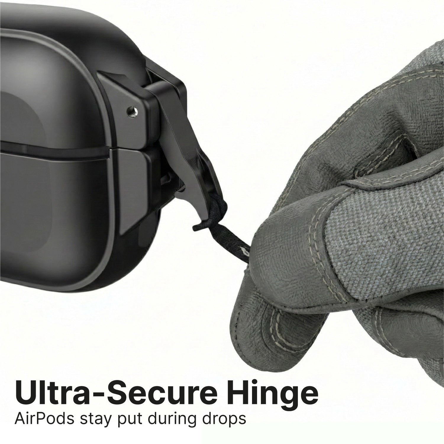 A gloved hand opens the Catalyst Case US AirPods Pro 3 - 100M Waterproof Total Protection Case, showing its ultra-secure hinge and military-grade drop protection. Text: "Ultra-Secure Hinge. AirPods stay put during drops.