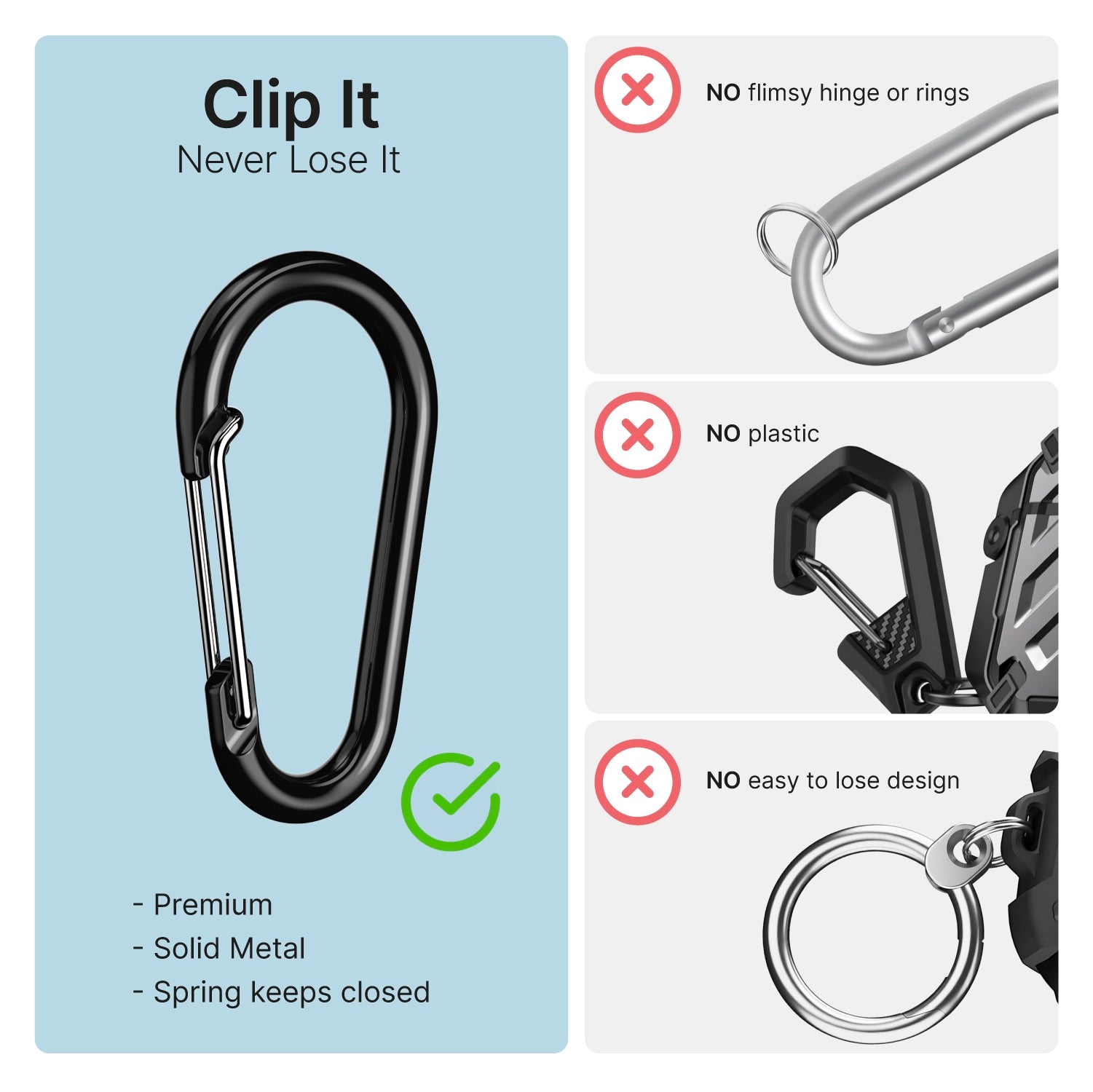 A durable black metal carabiner from Catalyst Case US is shown with text noting its premium build and secure spring closure—ideal for attaching your AirPods Pro 3 - 100M Waterproof Total Protection Case. Flimsy rivals are marked with red “X”s.